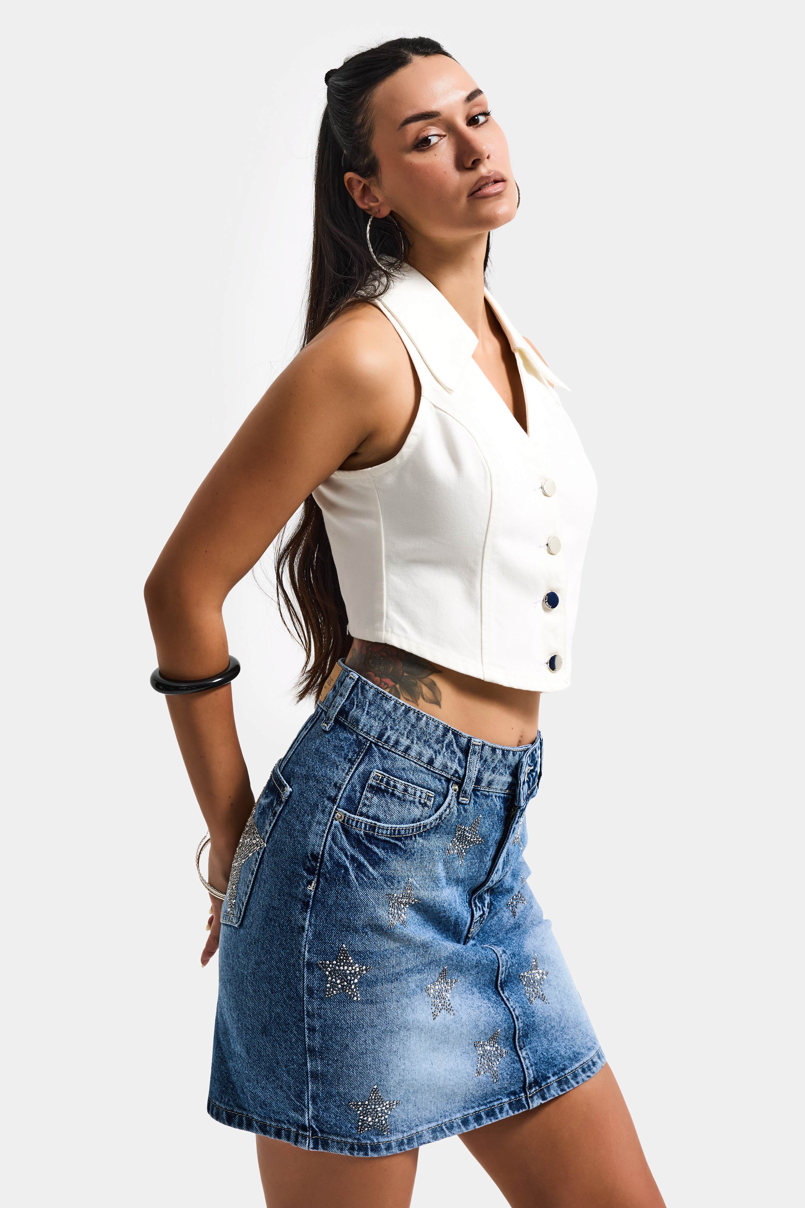 Kadın Mavi T-4s6-4 Straight Mini Parlak Yıldız Taşlı Özel Tasarım Denim Etek