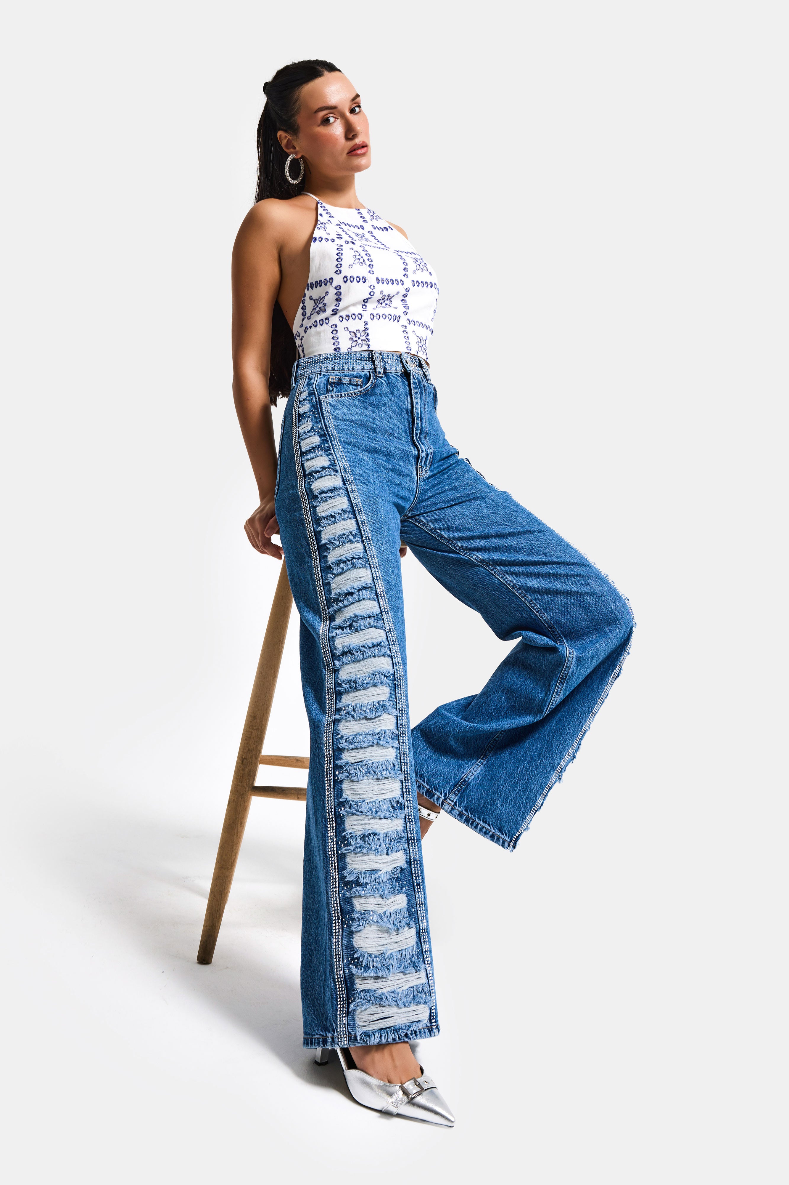 Kadın Mavi T-9s6-4 Flare Fit Özel Tasarım Denim Jean