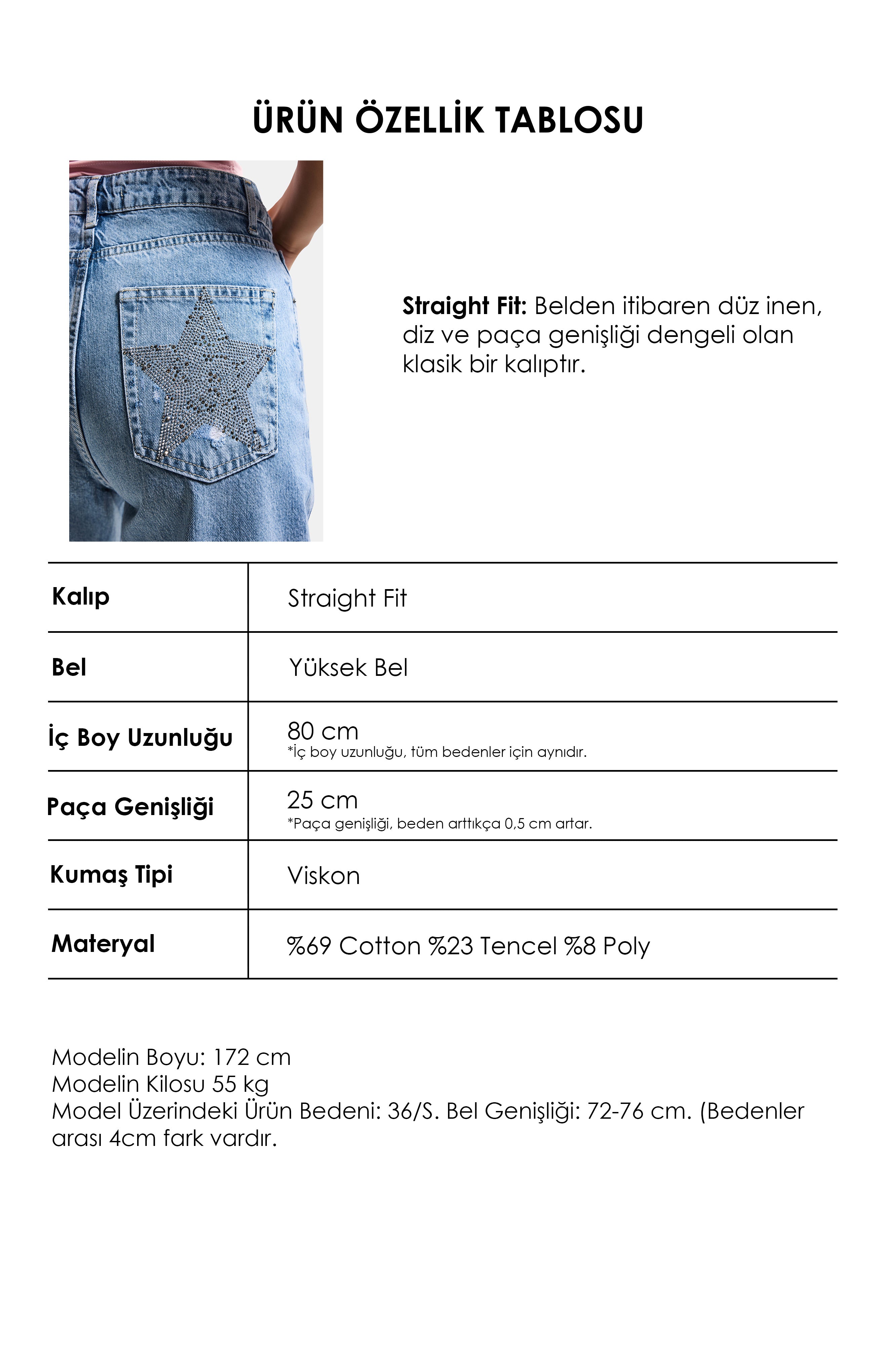 Kadın Mavi T1-12s6-99 Straight Fit Parlak Yıldız Taşlı Özel Tasarım Denim Jean