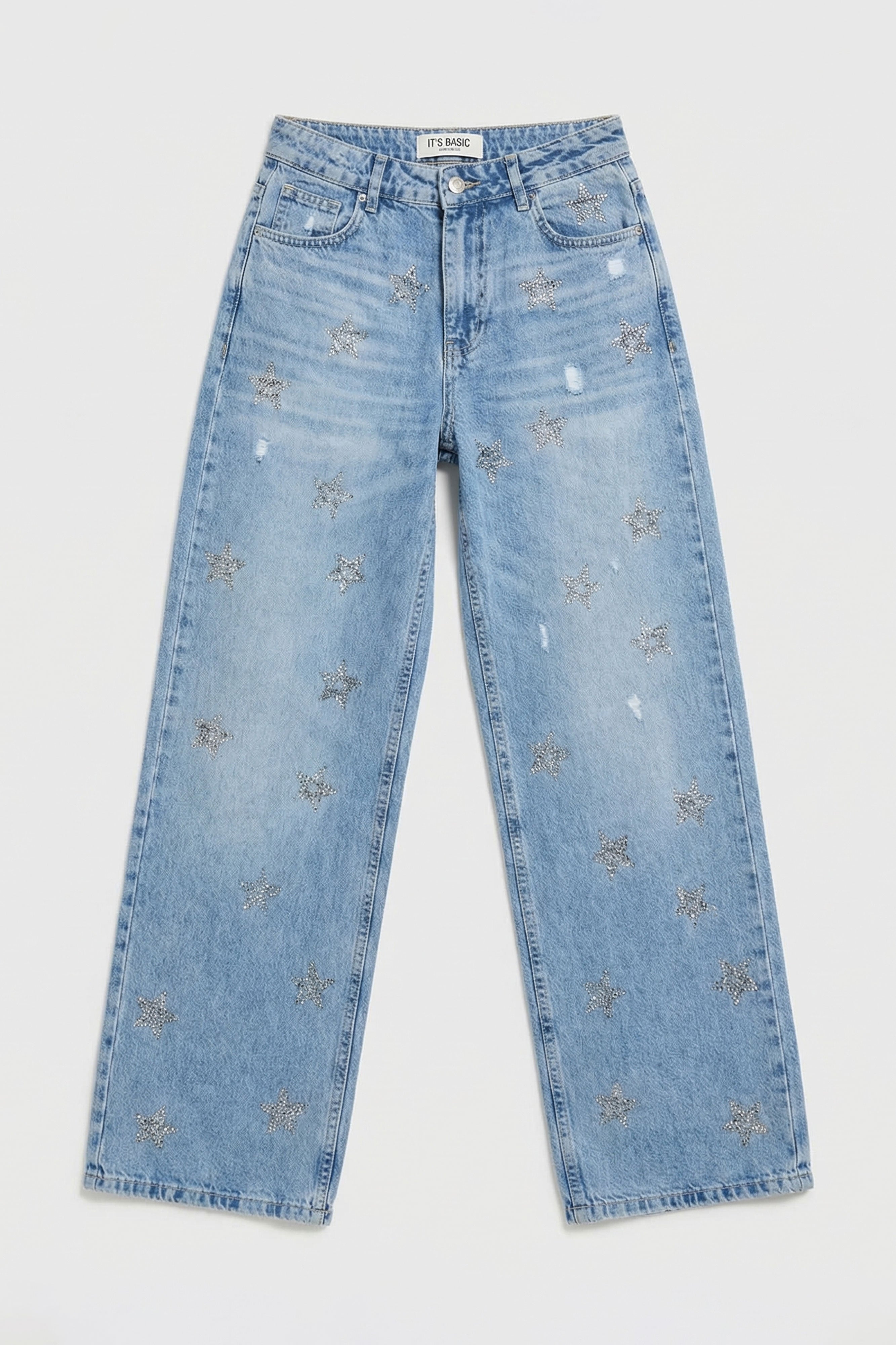 Kadın Mavi T1-12s6-99 Straight Fit Parlak Yıldız Taşlı Özel Tasarım Denim Jean