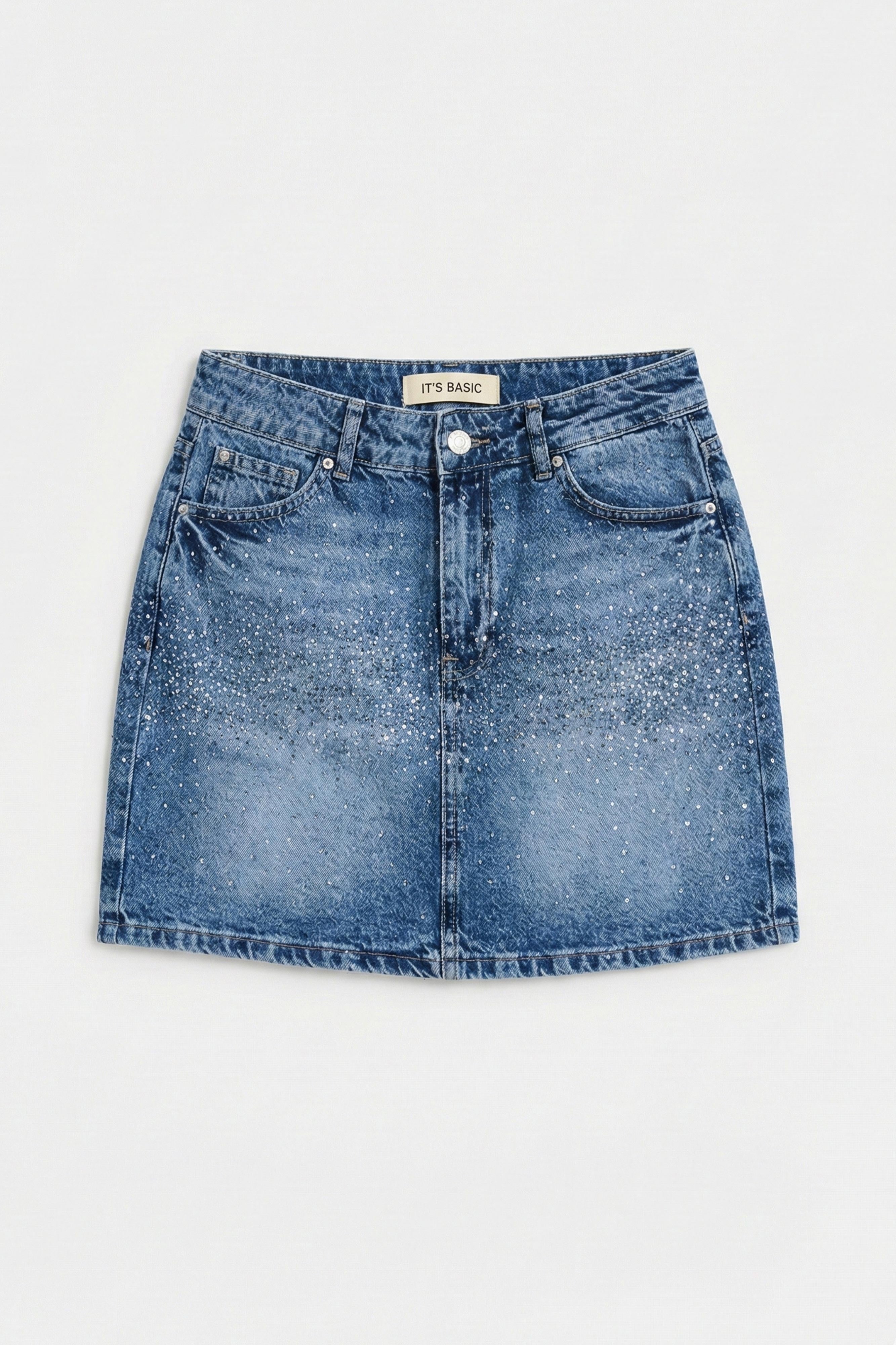 Kadın Mavi T2-4s6-4 Straight Fit Parlak Taşlı Özel Tasarım Mini Denim Etek