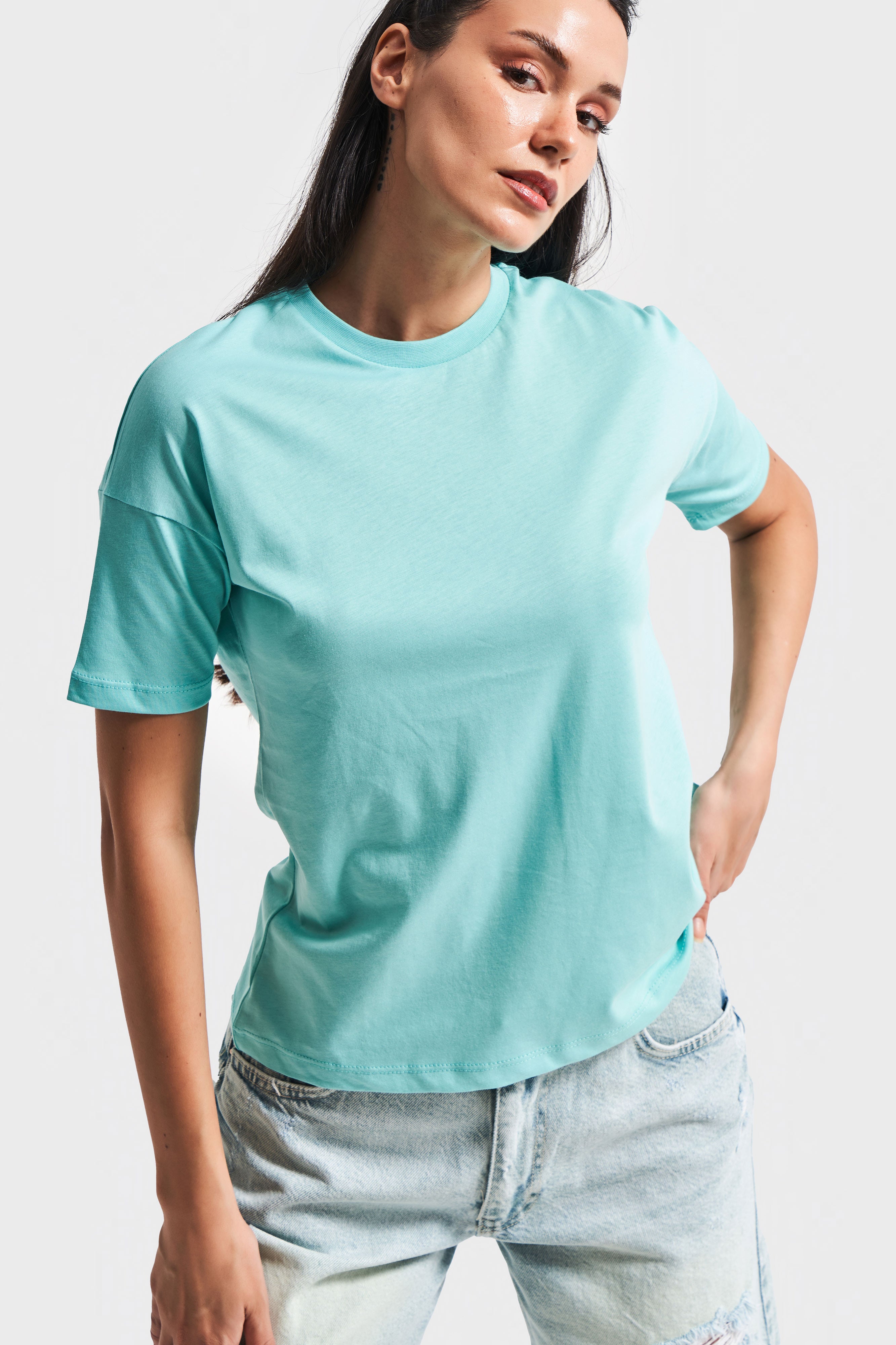 Kadın Mint Yeşili Renk S5-114 Bisiklet Yaka Basic T-Shirt