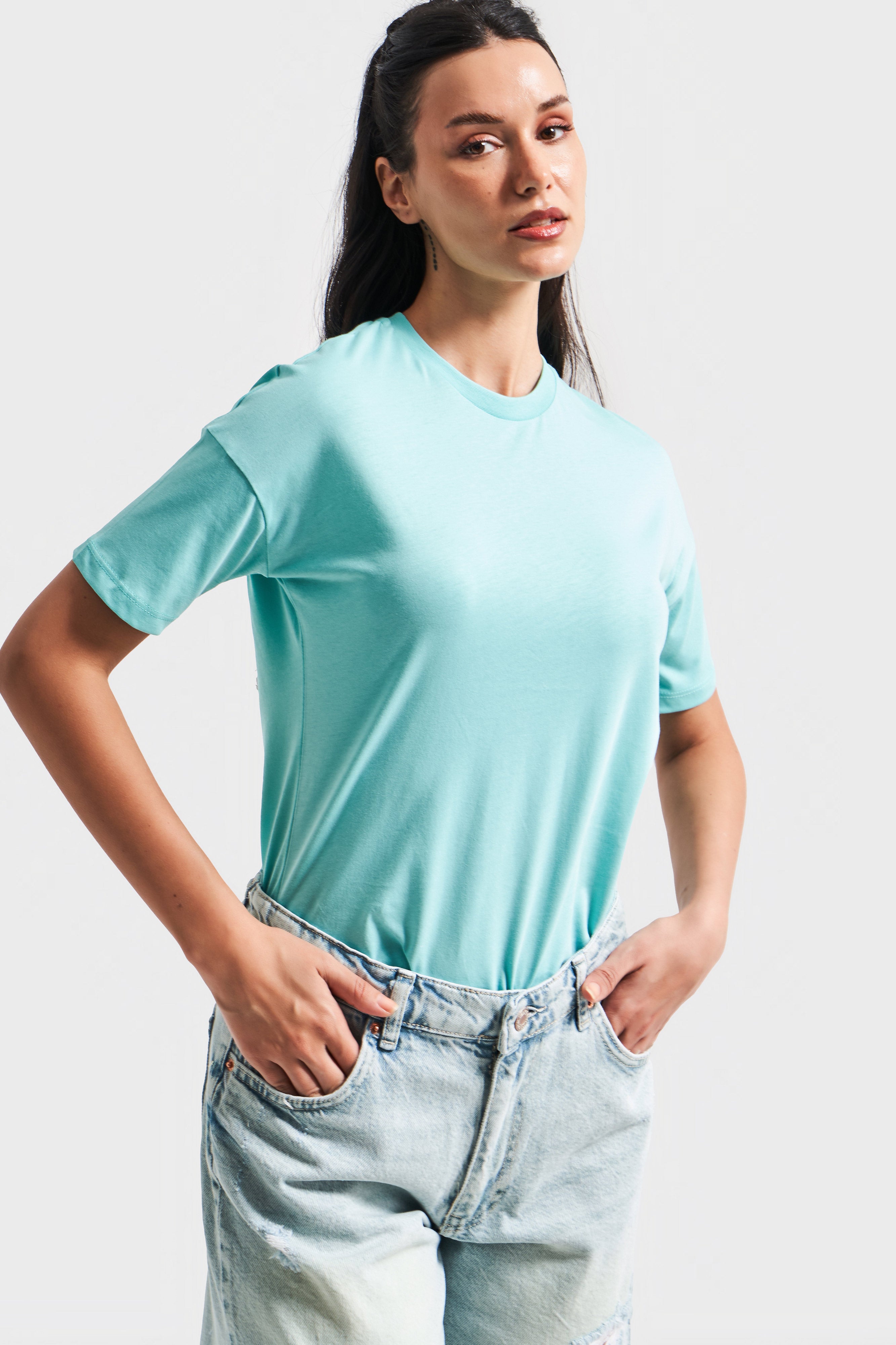 Kadın Mint Yeşili Renk S5-114 Bisiklet Yaka Basic T-Shirt