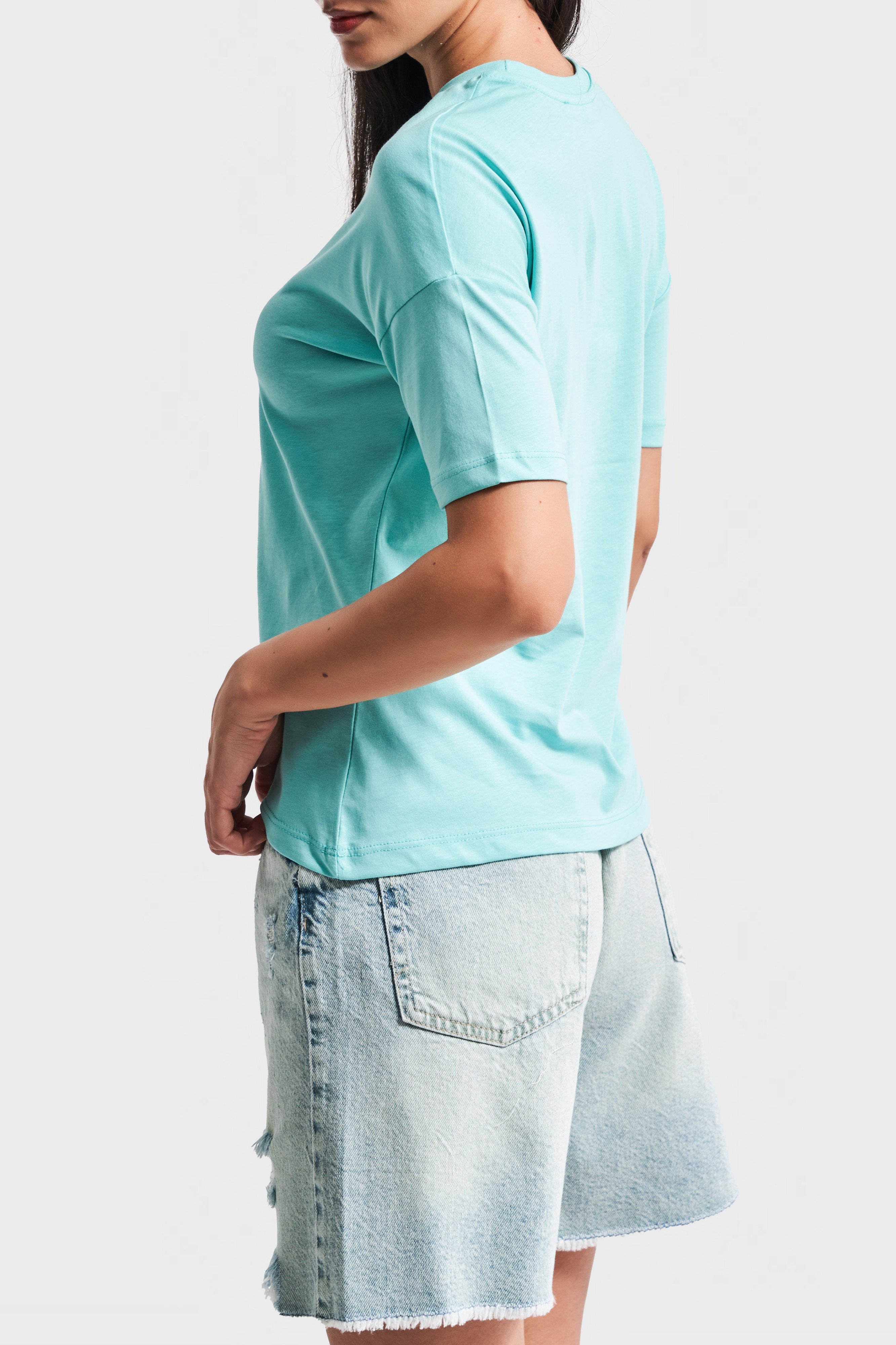 Kadın Mint Yeşili Renk S5-114 Bisiklet Yaka Basic T-Shirt