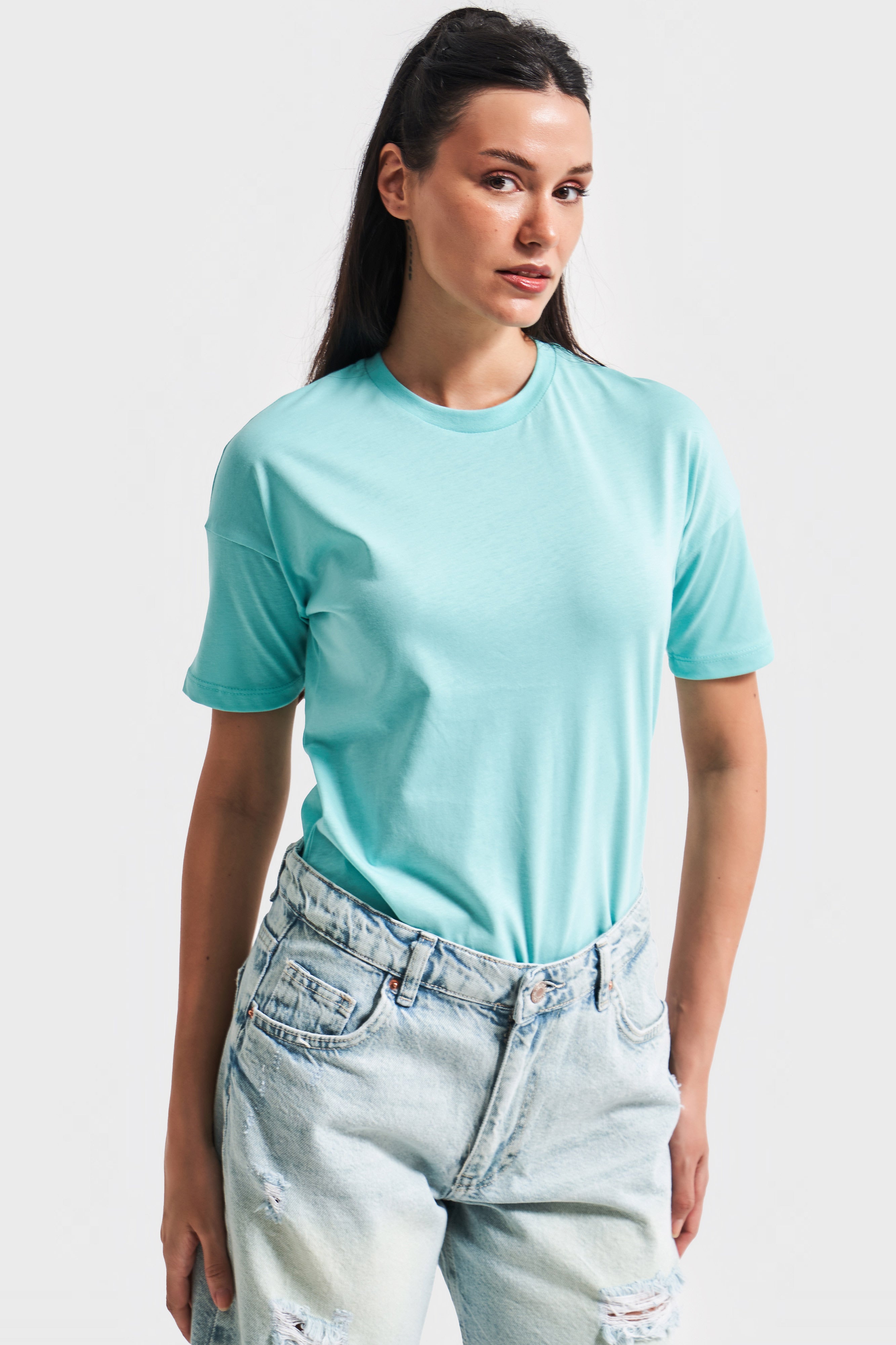 Kadın Mint Yeşili Renk S5-114 Bisiklet Yaka Basic T-Shirt