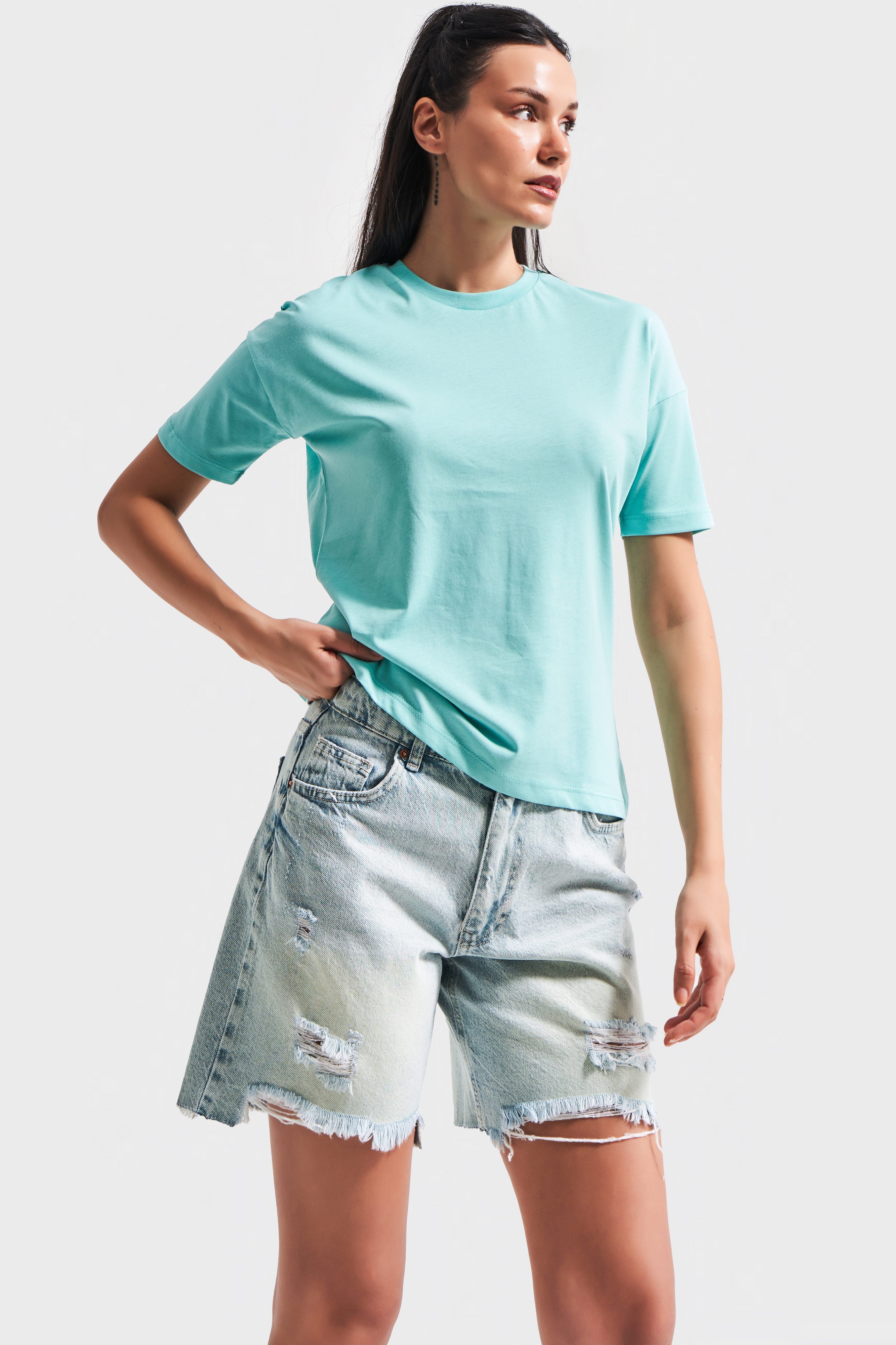 Kadın Mint Yeşili Renk S5-114 Bisiklet Yaka Basic T-Shirt