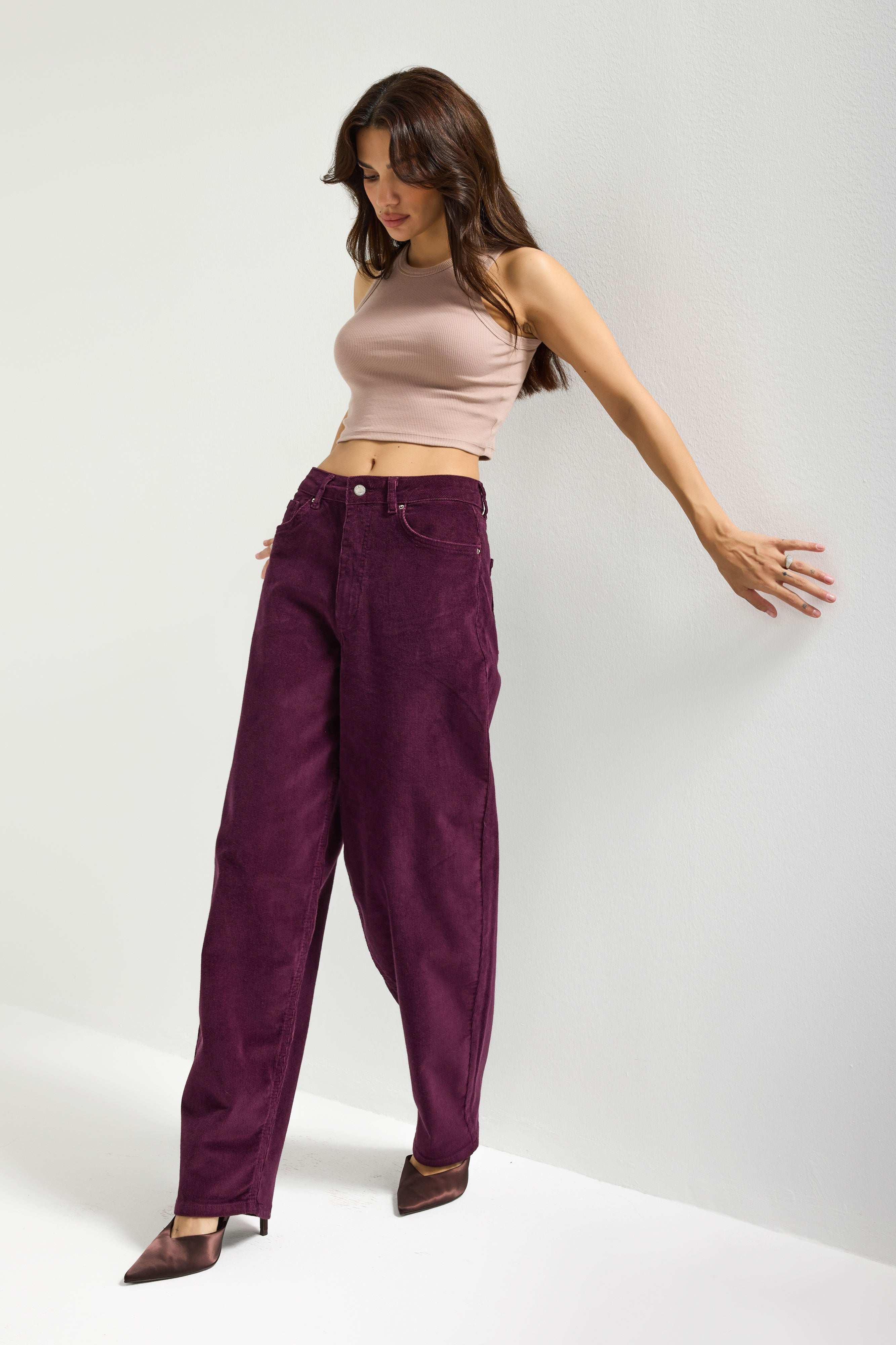 Kadın Mor Renk 26w5-111 Skater Fit Esnek Kumaş İnce Fitilli Velvet Kadife Kumaş Pantolon