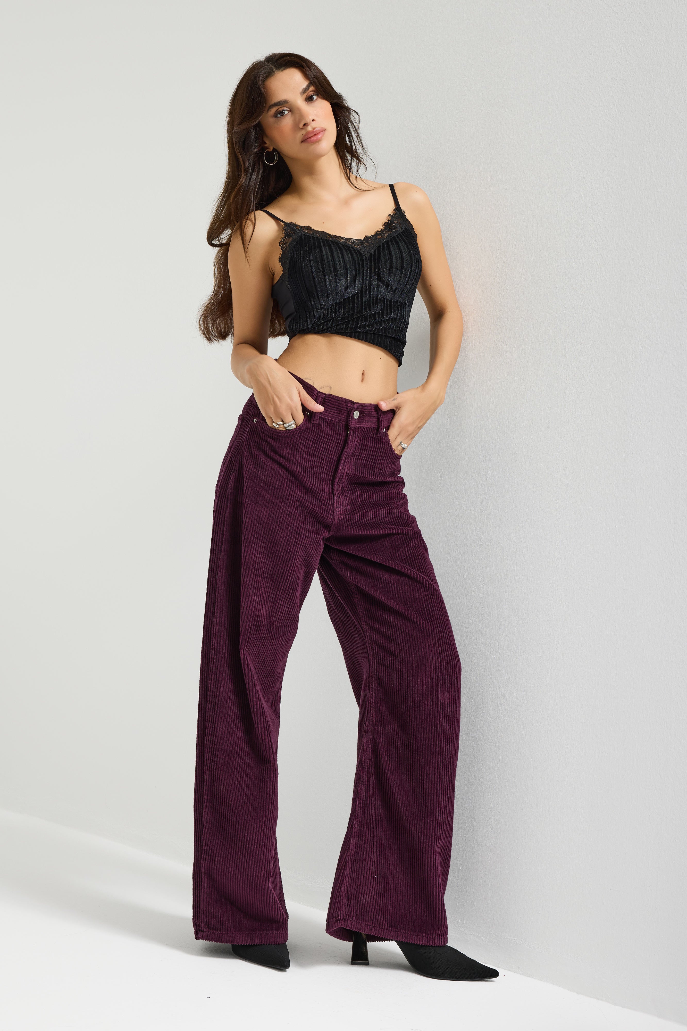 Kadın Mor Renk 26w5-111 Straight Fit Yüksek Bel Kalın Fitilli Velvet Kadife Kumaş Pantolon