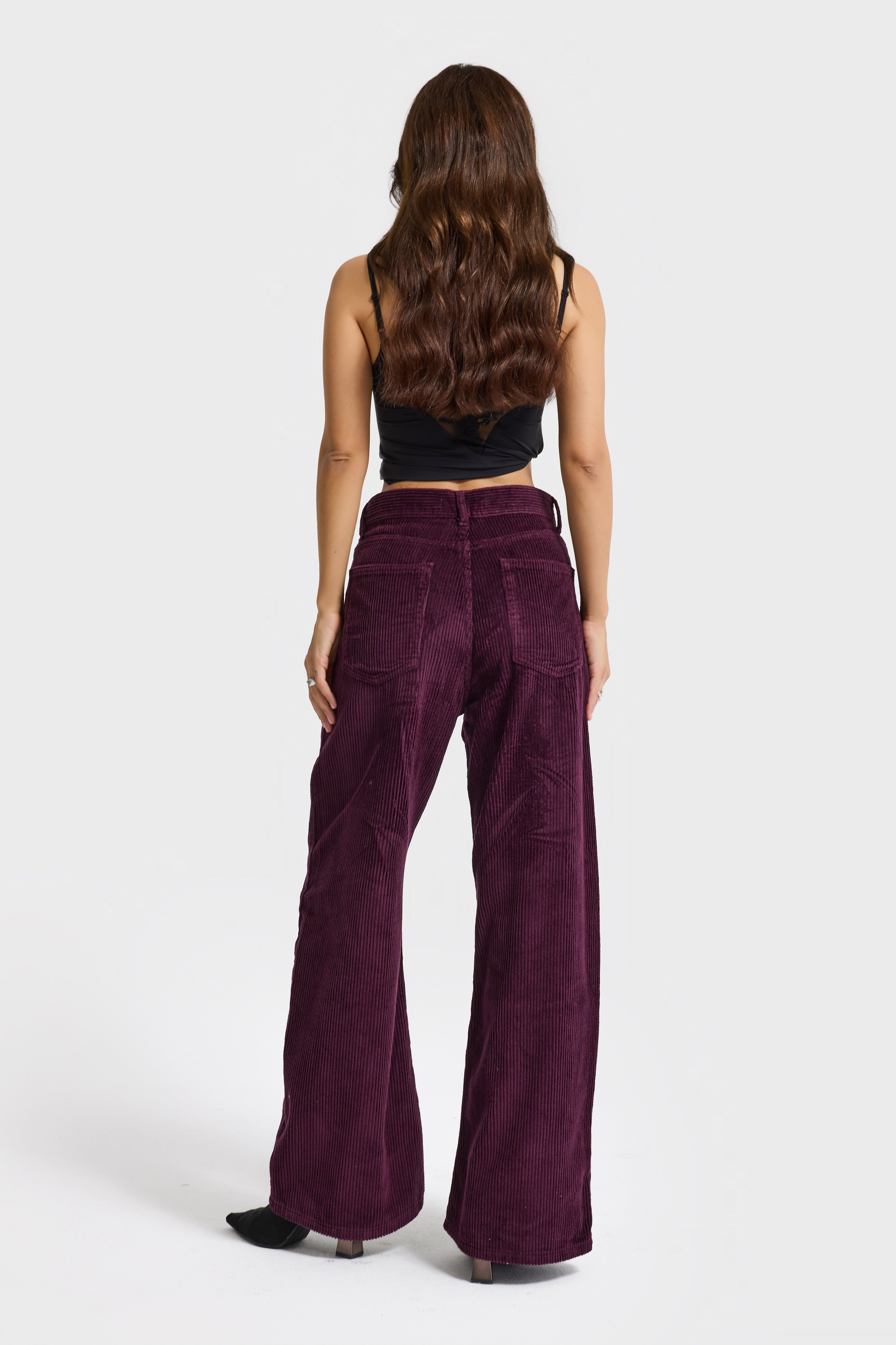 Kadın Mor Renk 26w5-111 Straight Fit Yüksek Bel Kalın Fitilli Velvet Kadife Kumaş Pantolon