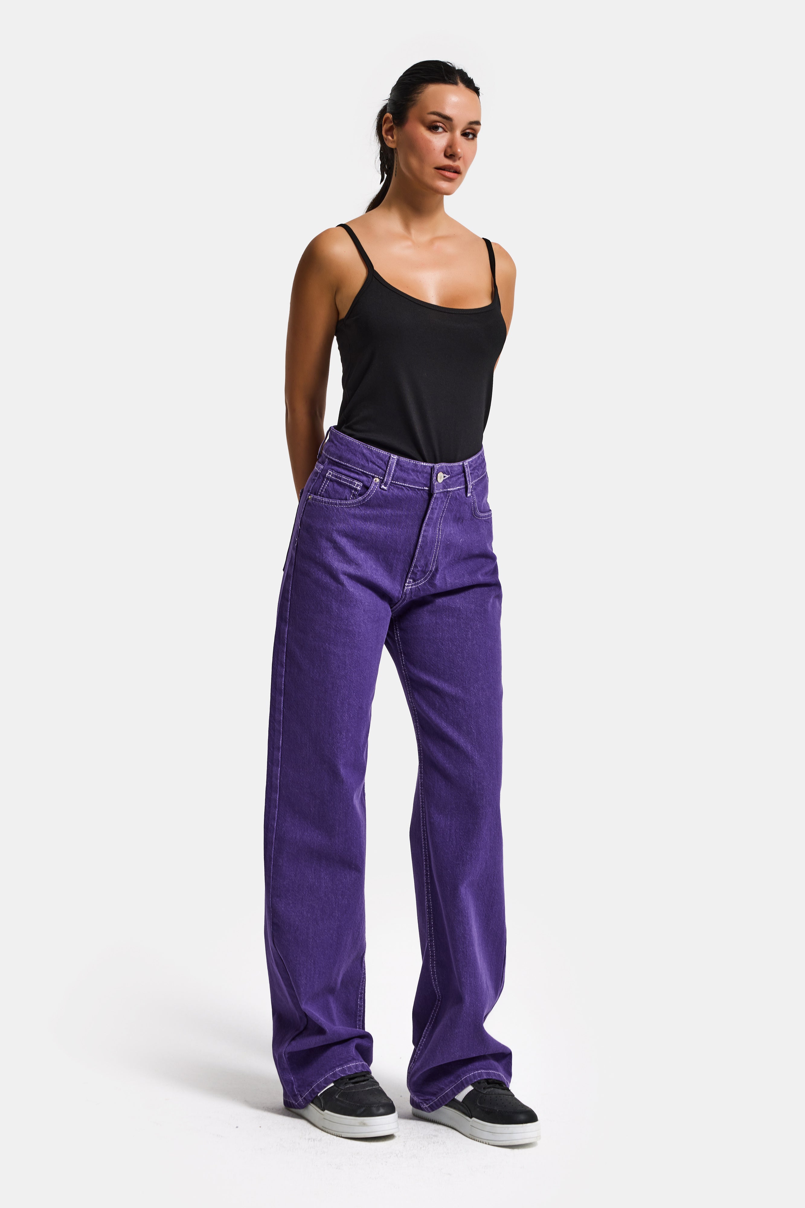 Kadın Mor Renk Doris 1s6-111 Straight Fit Yüksek Bel Özel Renk Denim Jean