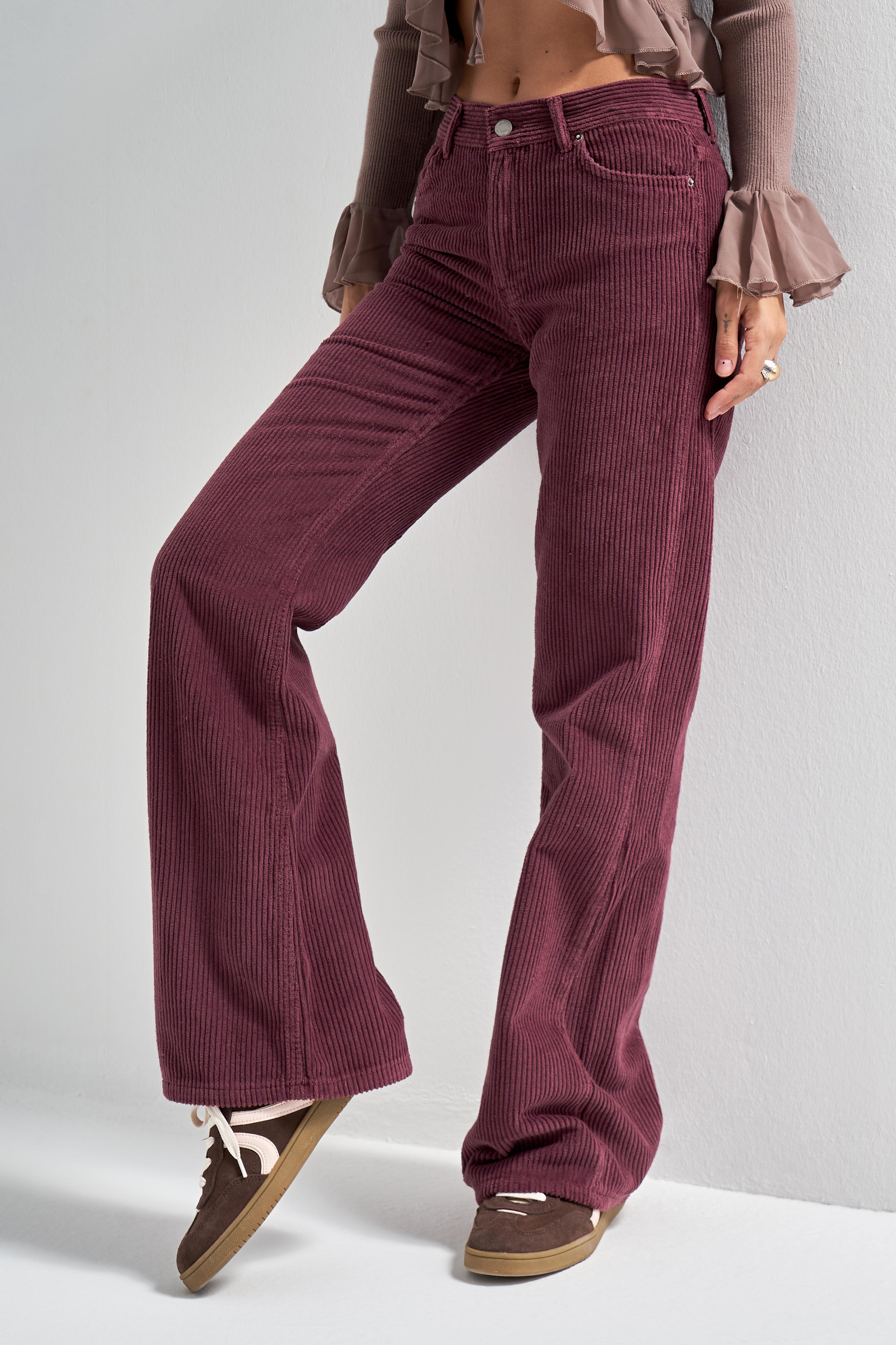 Kadın Mürdüm Renk 29w5-52 Midrise Flare Fit Kalın Fitilli Velvet Kumaş Kadife Pantolon