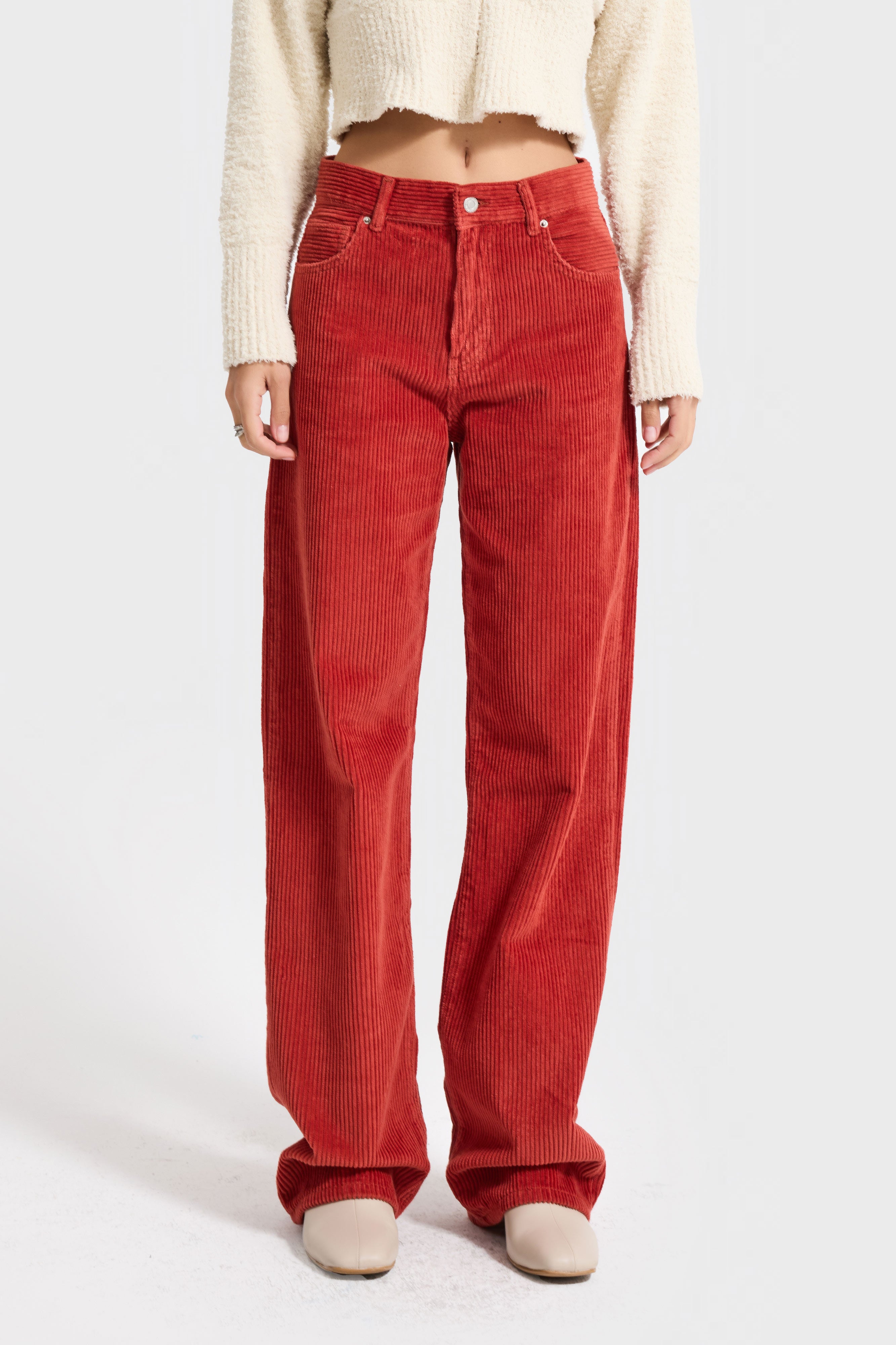 Kadın Orange Lora 26w5-104 Loose Fit Orta Bel Kalın Fitilli Velvet Kadife Kumaş Pantolon