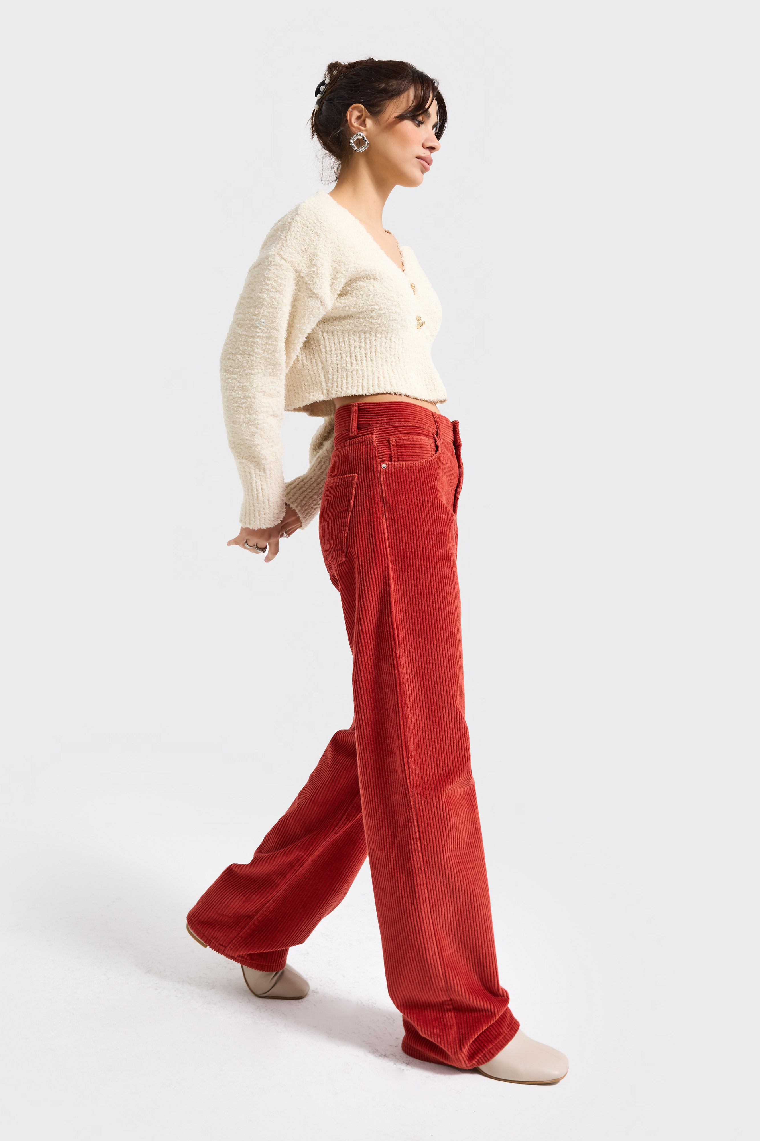 Kadın Orange Lora 26w5-104 Loose Fit Orta Bel Kalın Fitilli Velvet Kadife Kumaş Pantolon