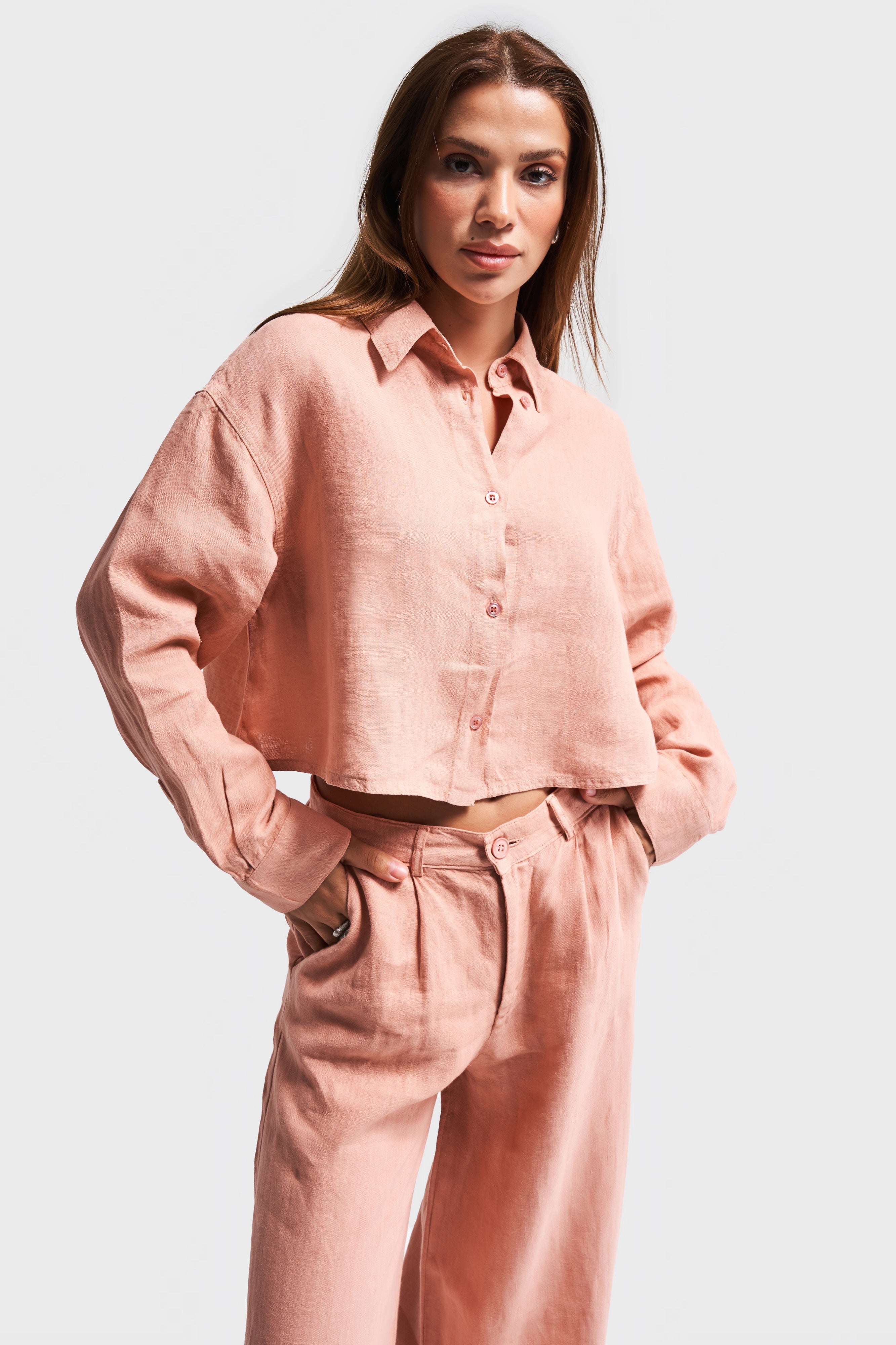 Kadın Orkide Pudra Renk 6s5-21 Keten Kumaş Oversize Gömlek