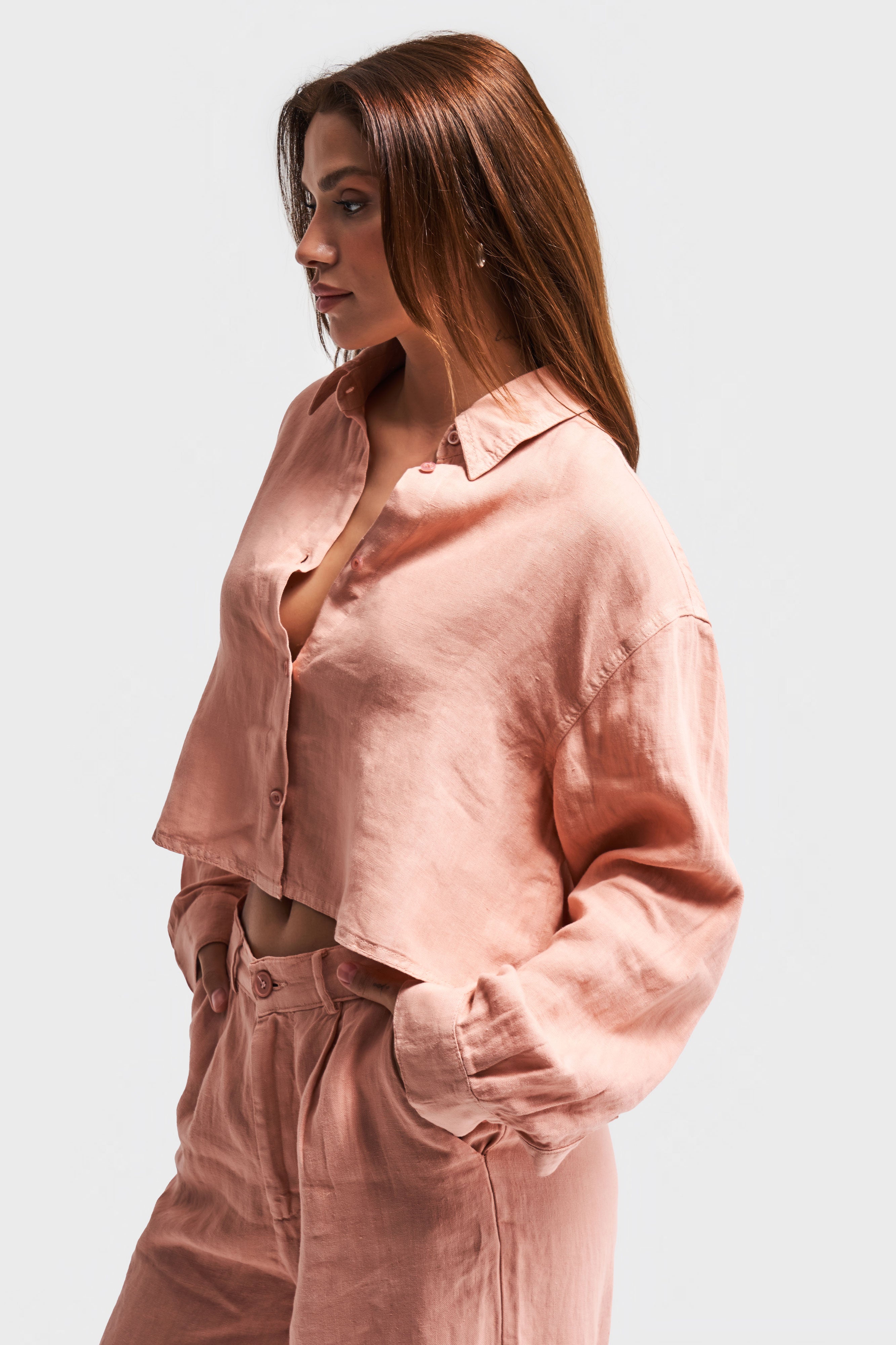 Kadın Orkide Pudra Renk 6s5-21 Keten Kumaş Oversize Gömlek