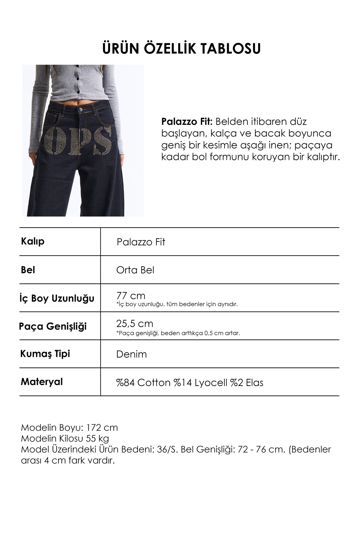 Kadın İndigo Palazzo Taş Baskılı Özel Tasarım Denim Jean