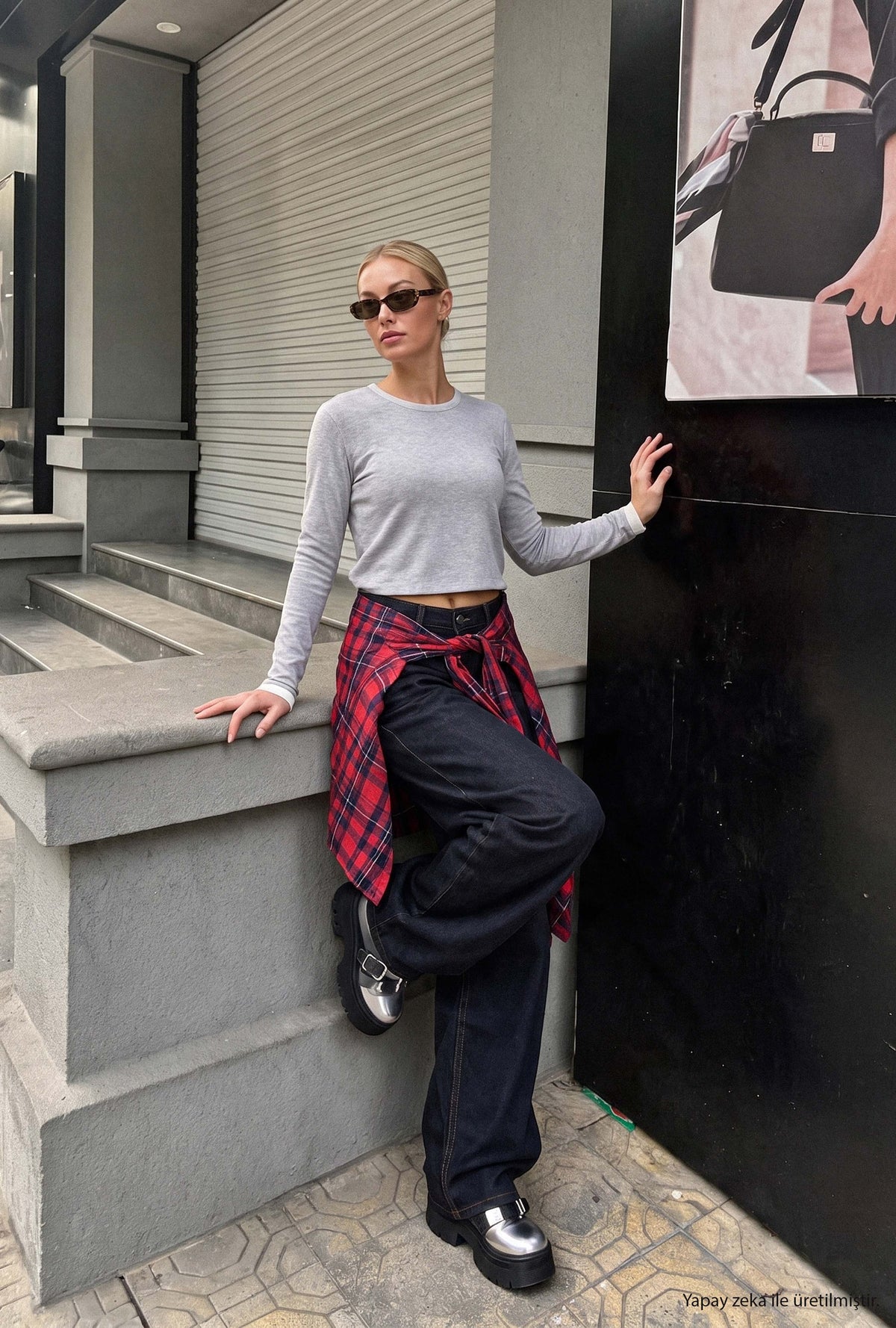 Kadın Palazzo Ekose Gömlek Detaylı Özel Tasarım Denim Jean