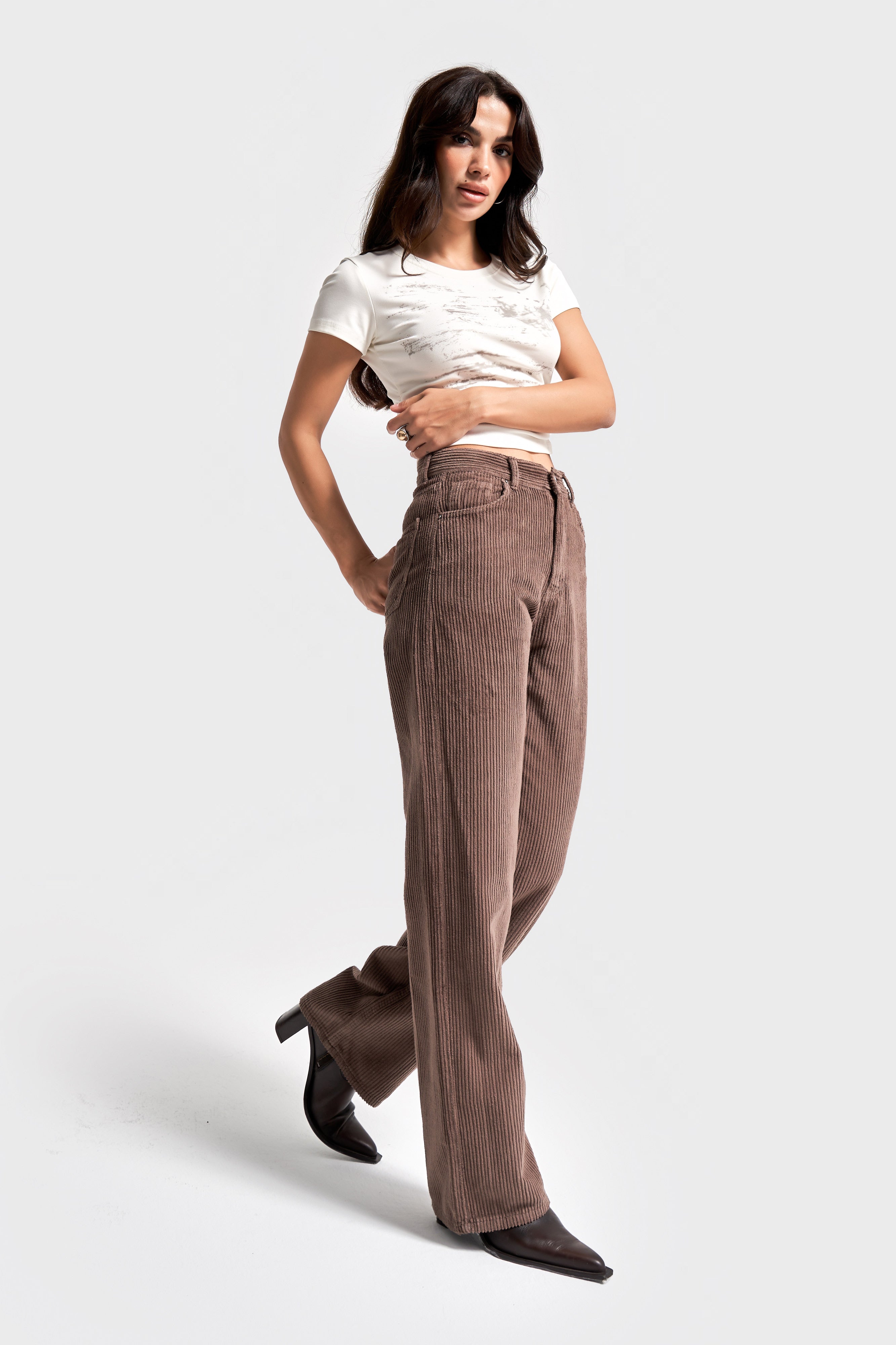 Kadın Pastel Kahve Doris 29w5-140 Straight Fit Yüksek Bel Kalın Fitilli Velvet Kadife Kumaş Pantolon