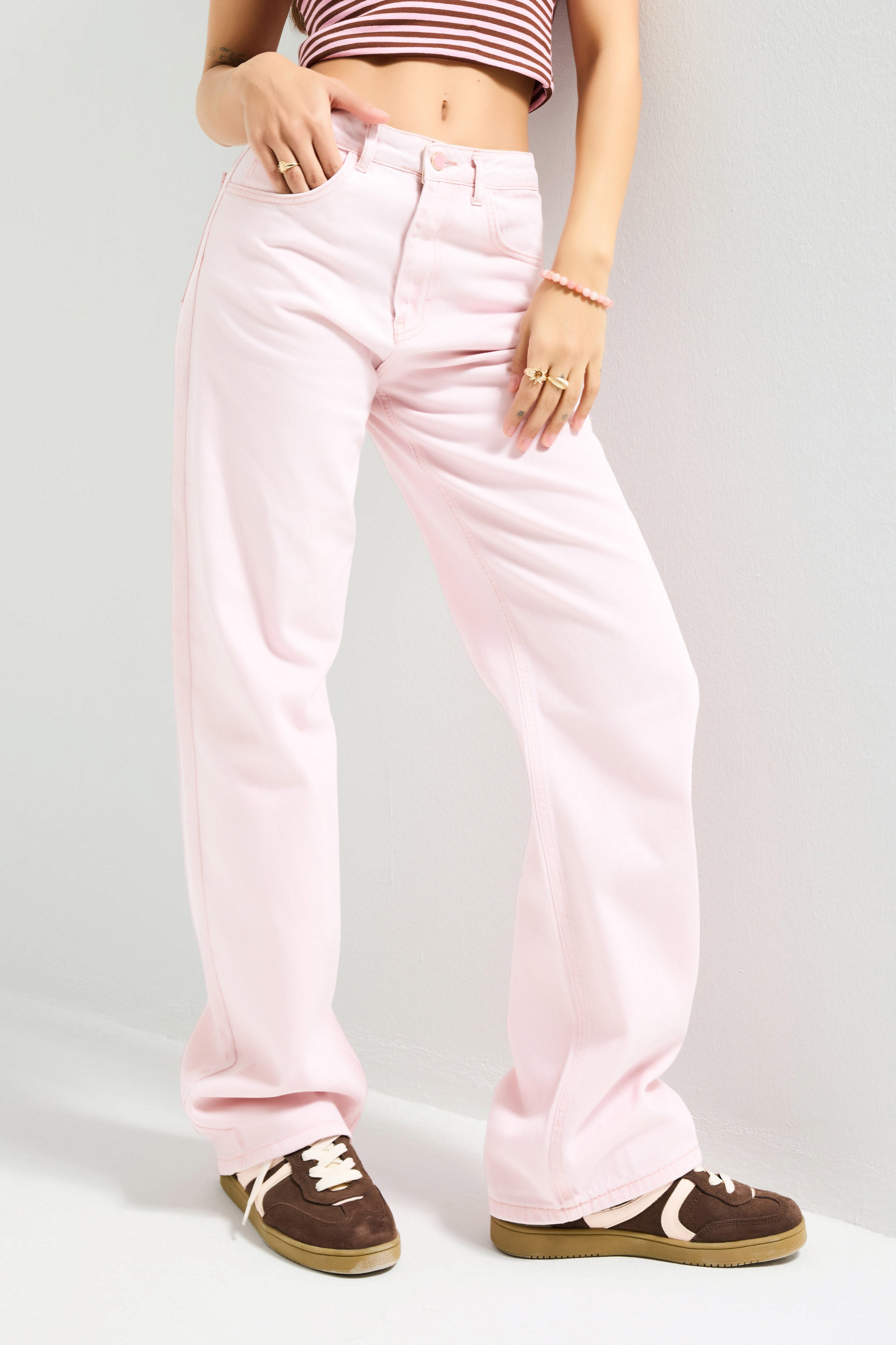 Kadın Pembe 3s6-98 Loose Fit Orta Bel %100 Koton Denim Jean