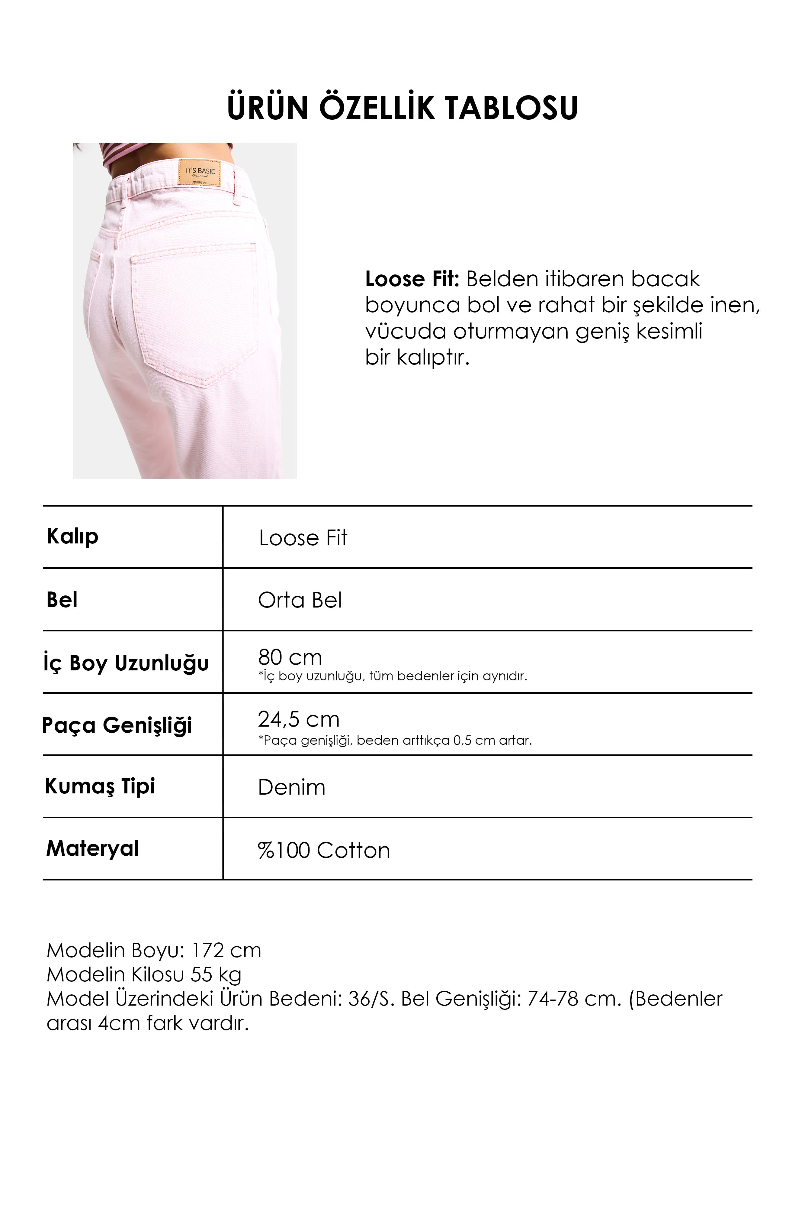 Kadın Pembe 3s6-98 Loose Fit Orta Bel %100 Koton Denim Jean