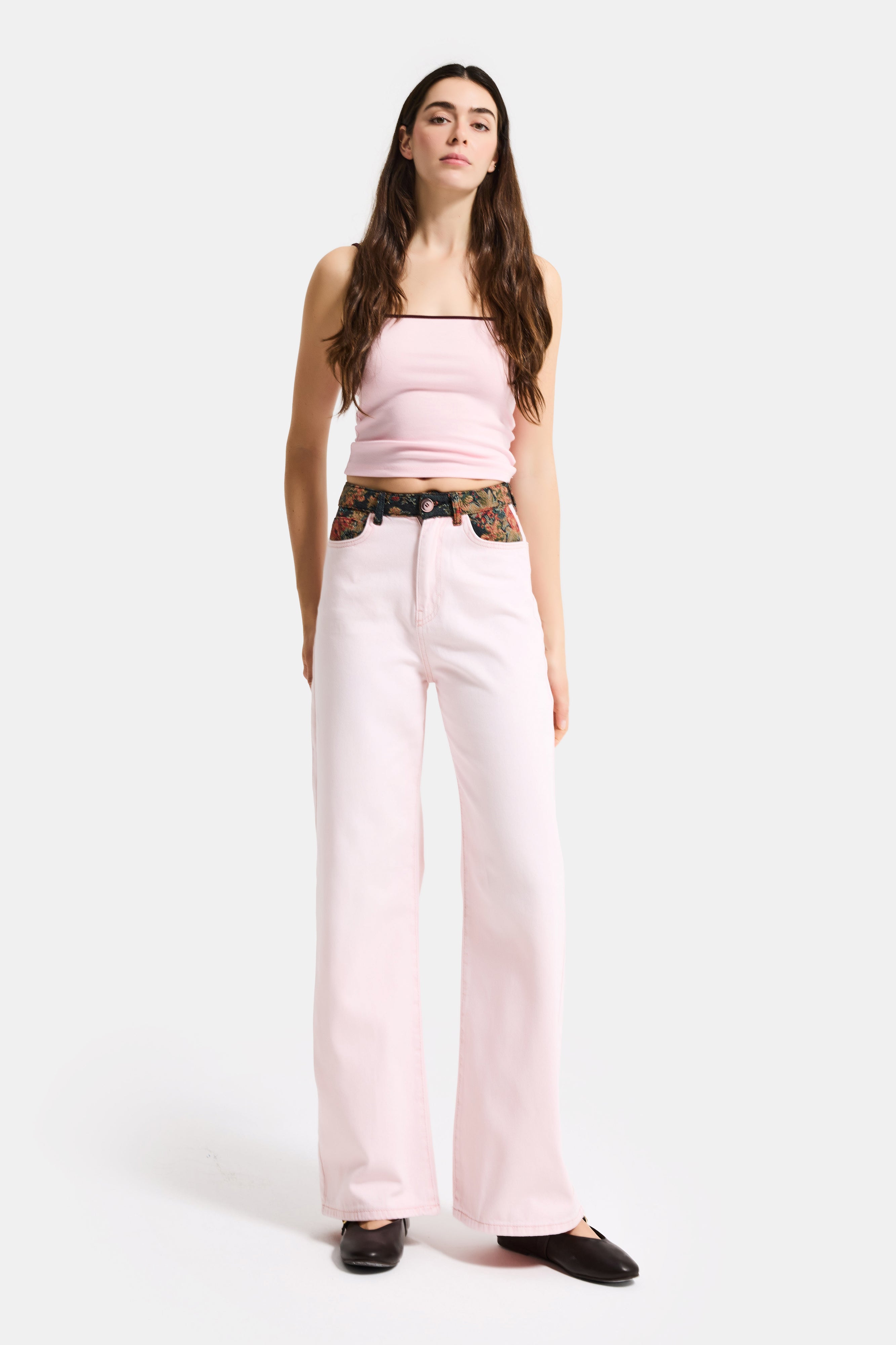 Kadın Pembe 3s6-98 Wide Leg Etnik Desenli Tasarım Denim Jean