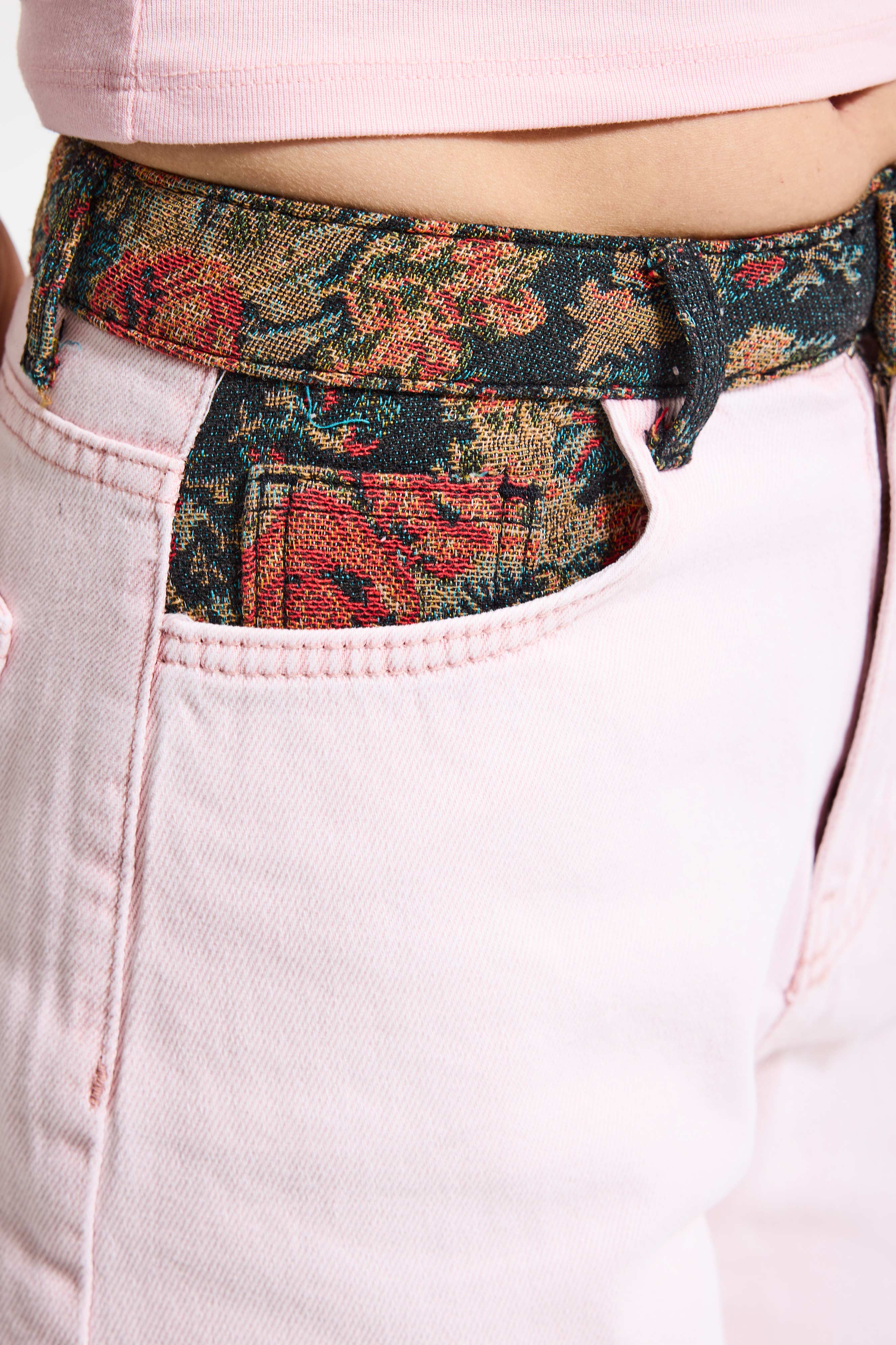Kadın Pembe 3s6-98 Wide Leg Etnik Desenli Tasarım Denim Jean