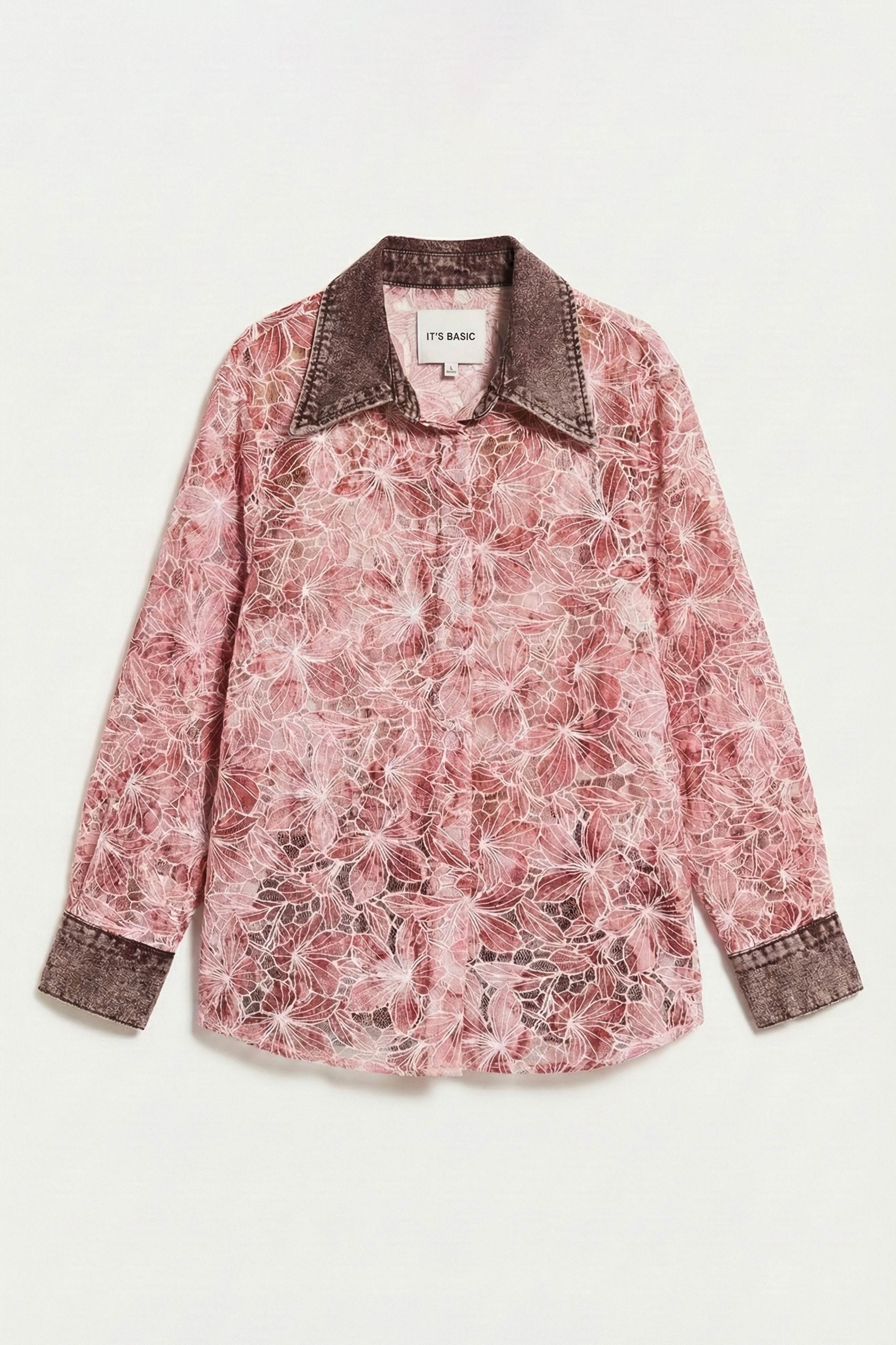 Kadın Pembe 4s6-157 Oversize Özel Tasarım Dantel Ve Gül Detaylı Denim Yakalı Gömlek Ceket