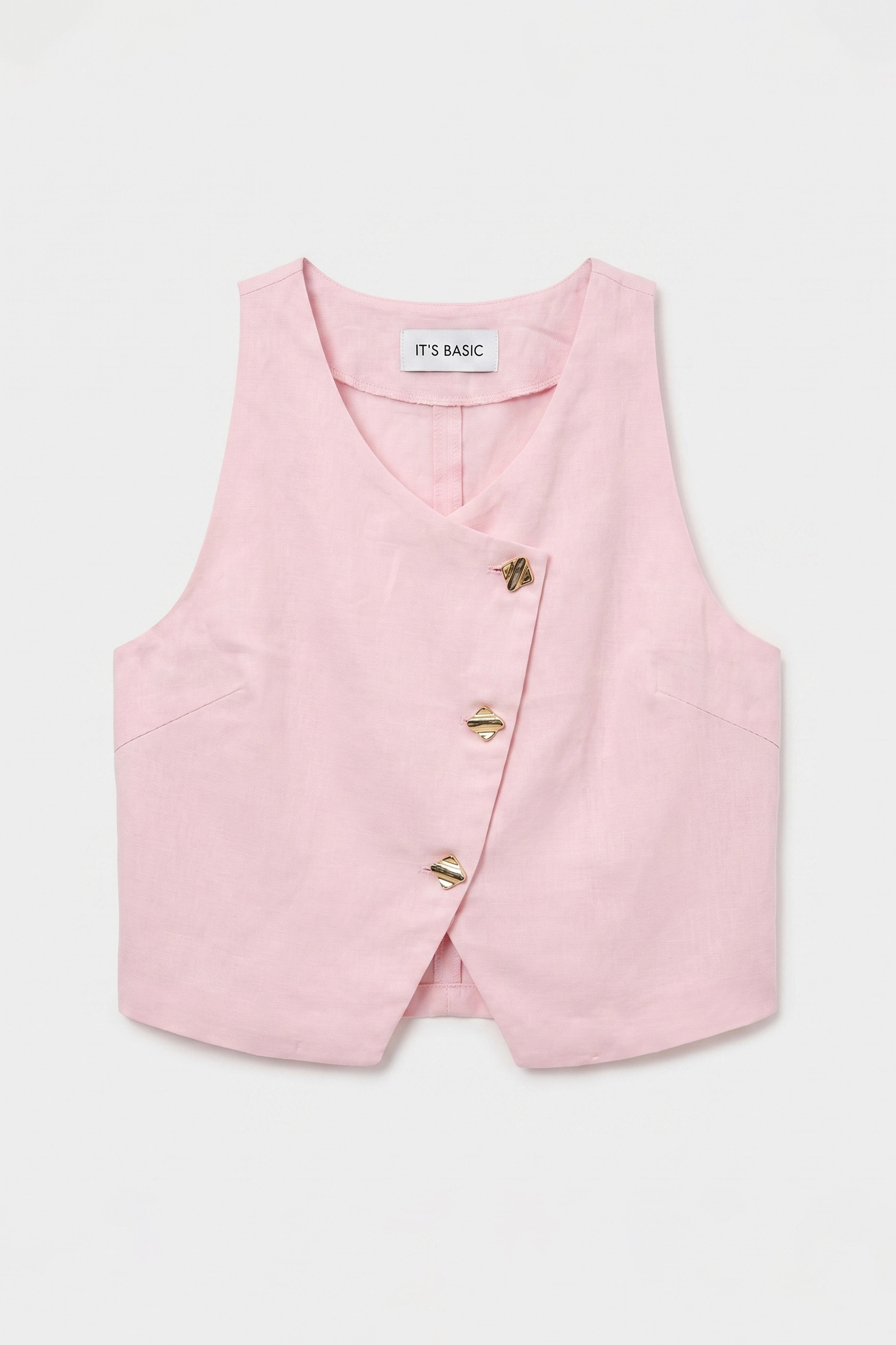 Kadın Pembe 6s6-98 Crop Özel Tasarım Organik Keten Yelek