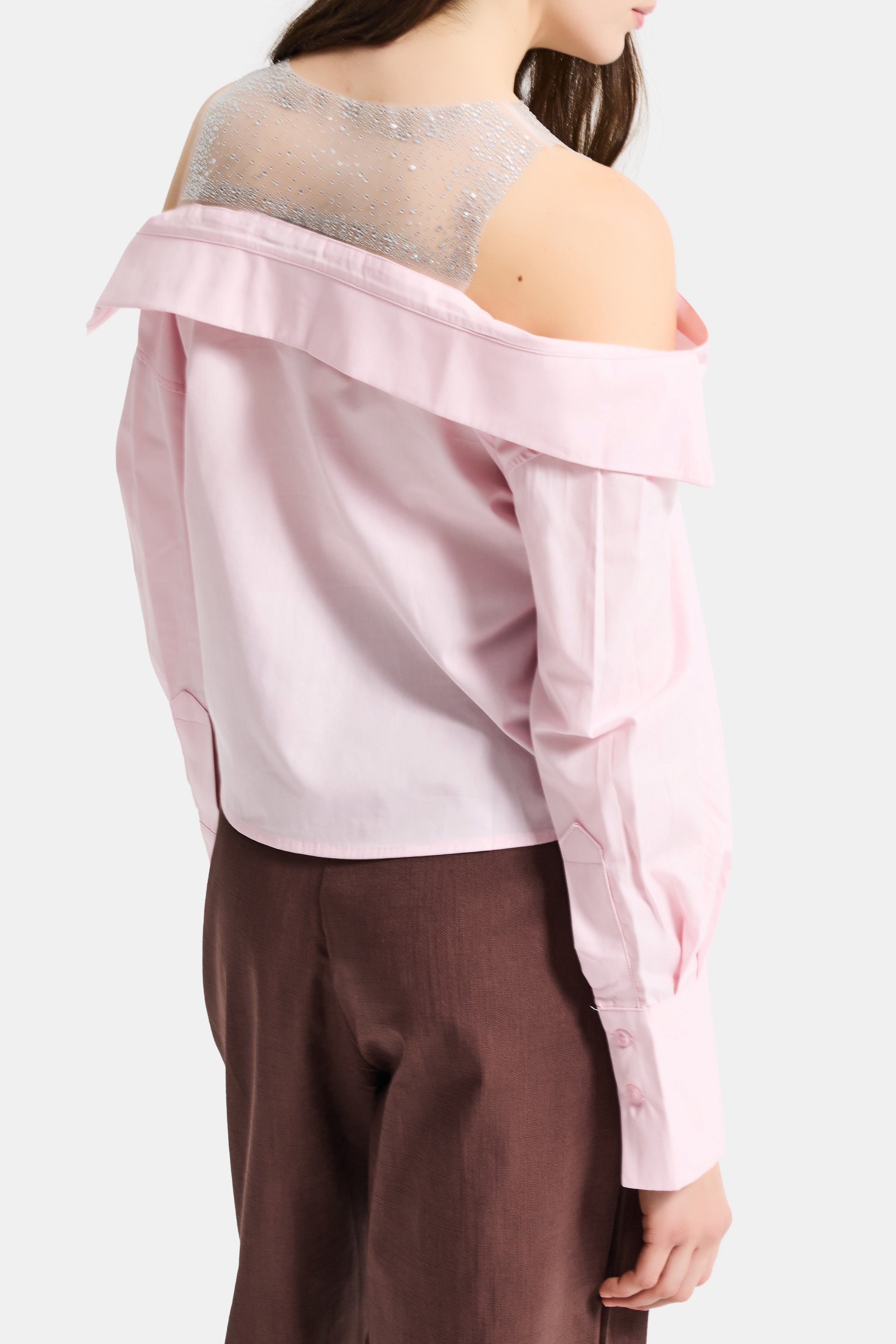 Kadın Pembe Oversize Tül Dantelli Özel Tasarım Gömlek