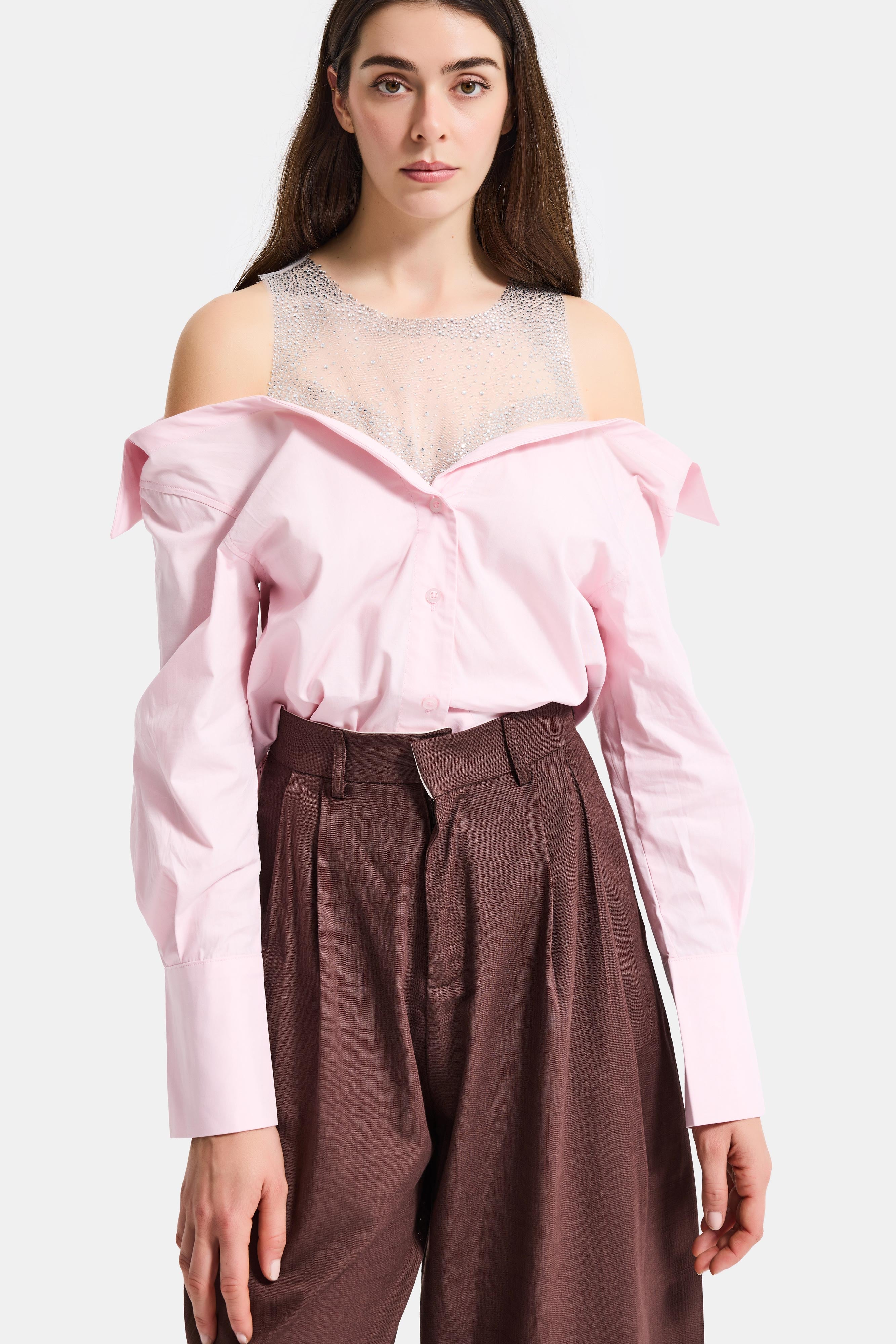 Kadın Pembe Oversize Tül Dantelli Özel Tasarım Gömlek