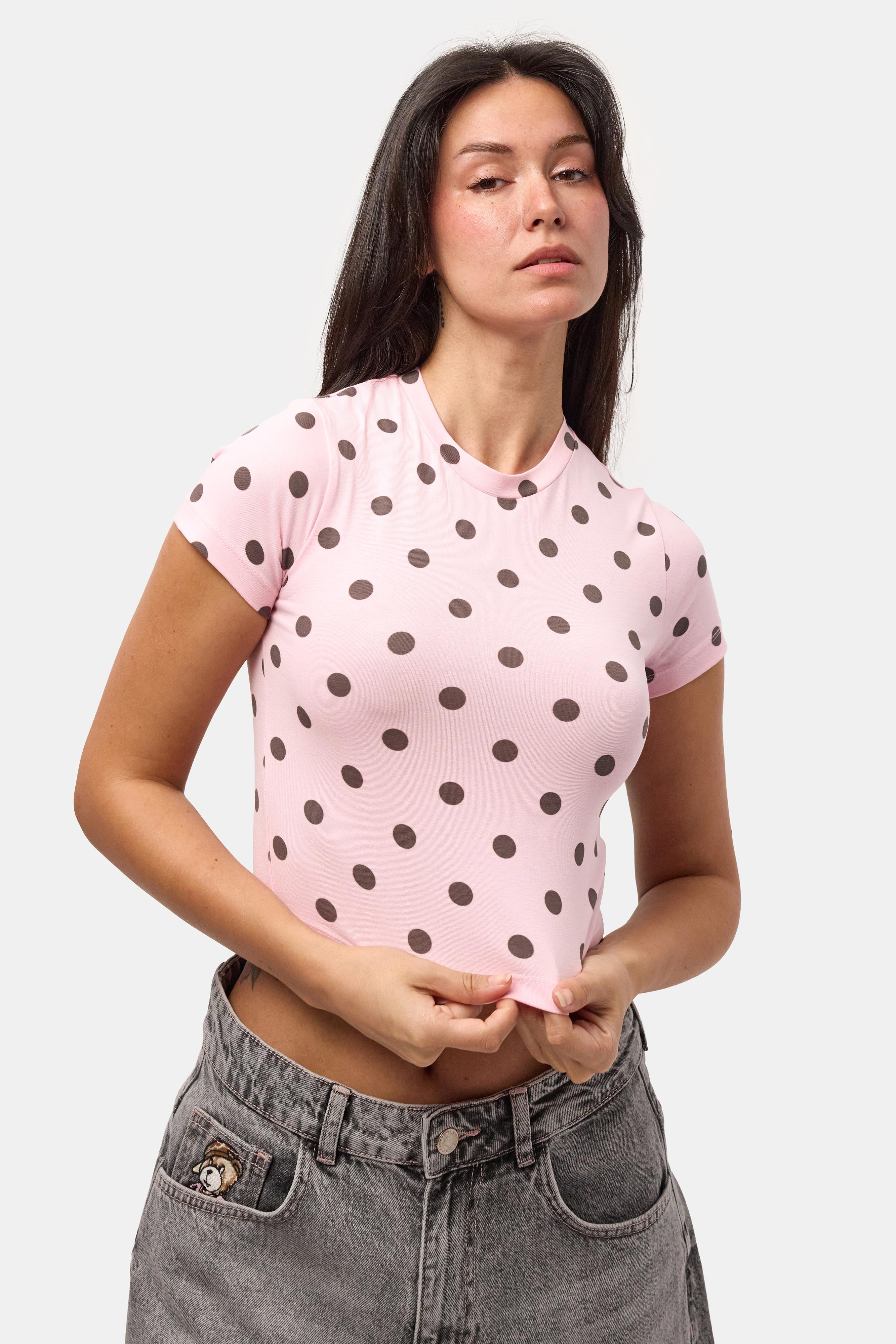 Kadın Pembe Puantiyeli s6-98 Crop Fit T-Shirt