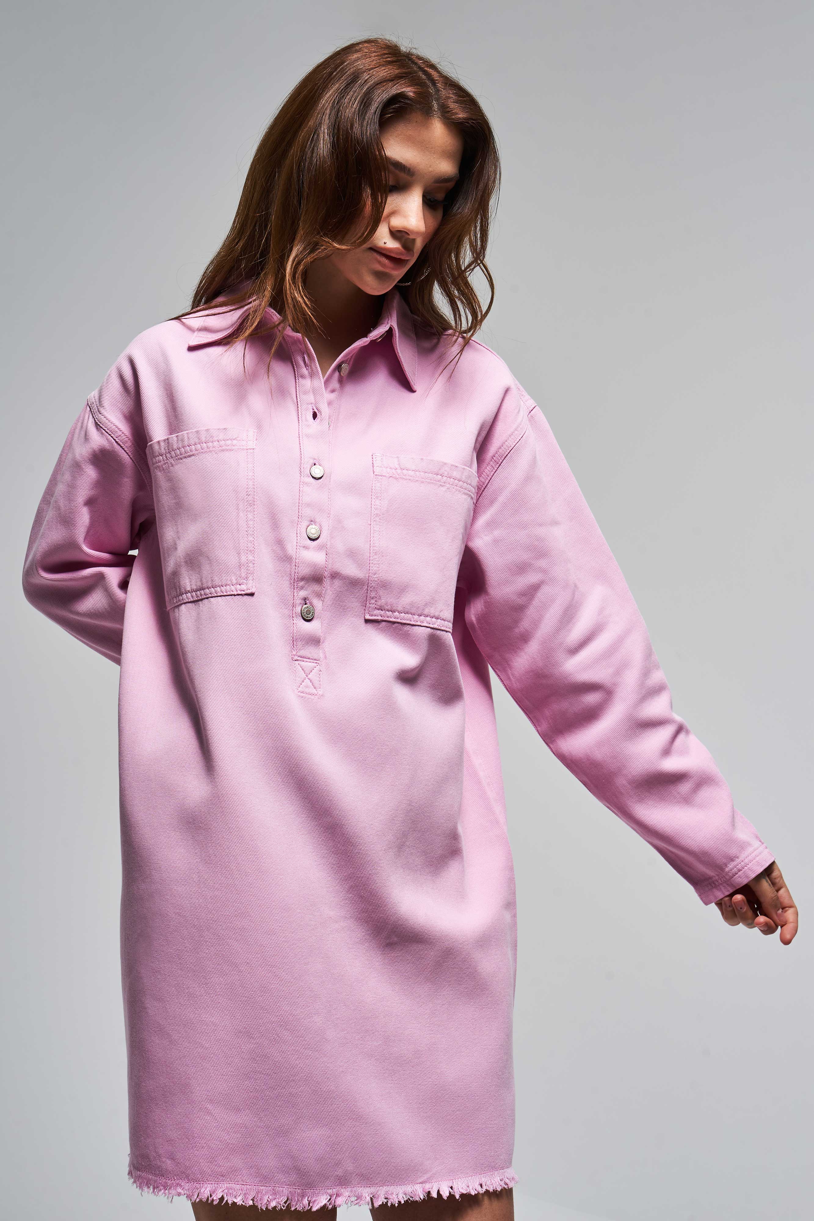 Kadın Pembe Renk 6S5-98 %100 Koton Önden Cepli Denim Elbise