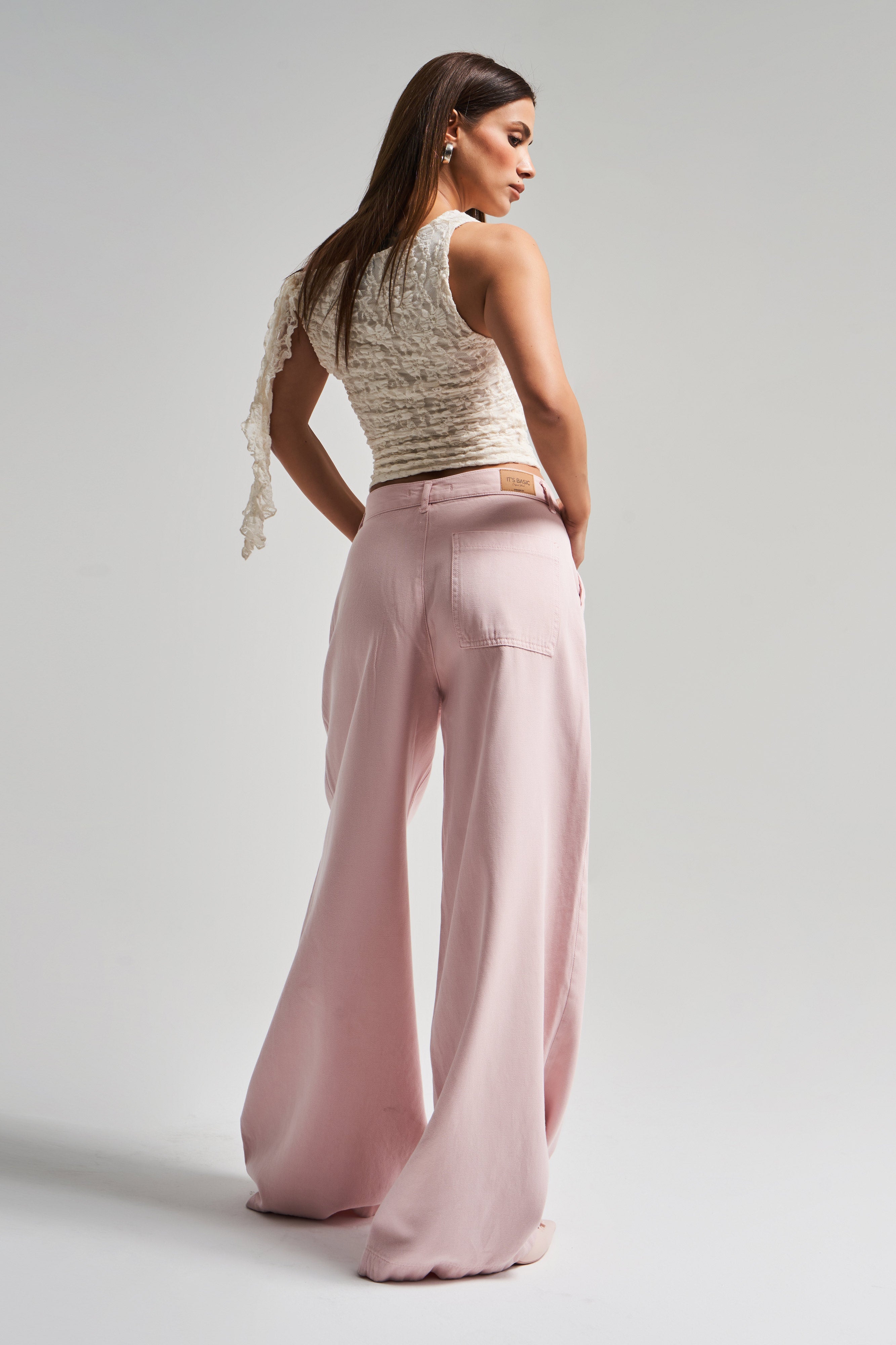 Женские джинсы-палаццо розового цвета 6s5-98 свободного кроя со складками из 100% хлопкового денима