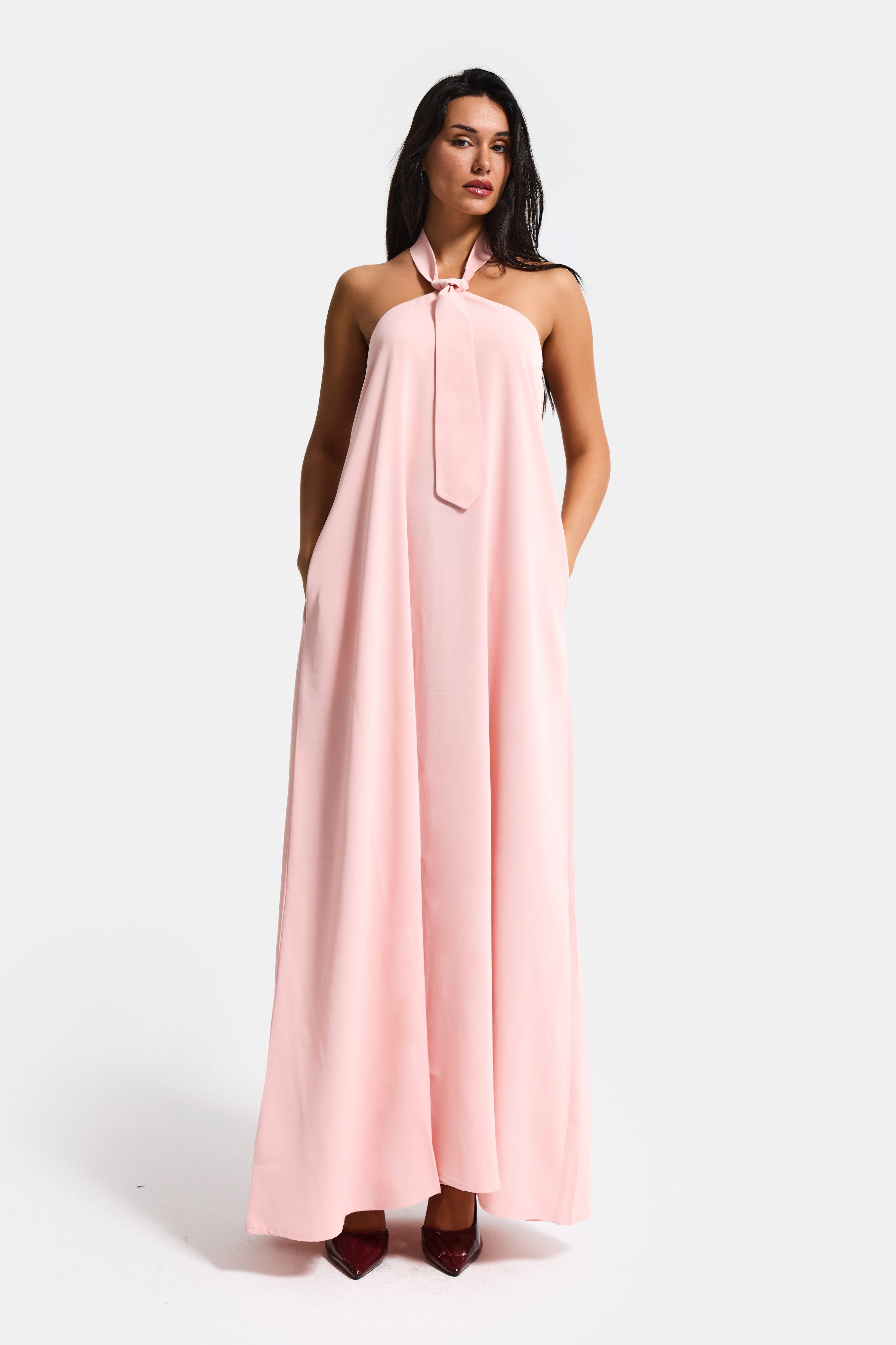 Kadın Pembe Renk Bol Kesim Kravat Detaylı Boyundan Bağlamalı Tasarım Elbise