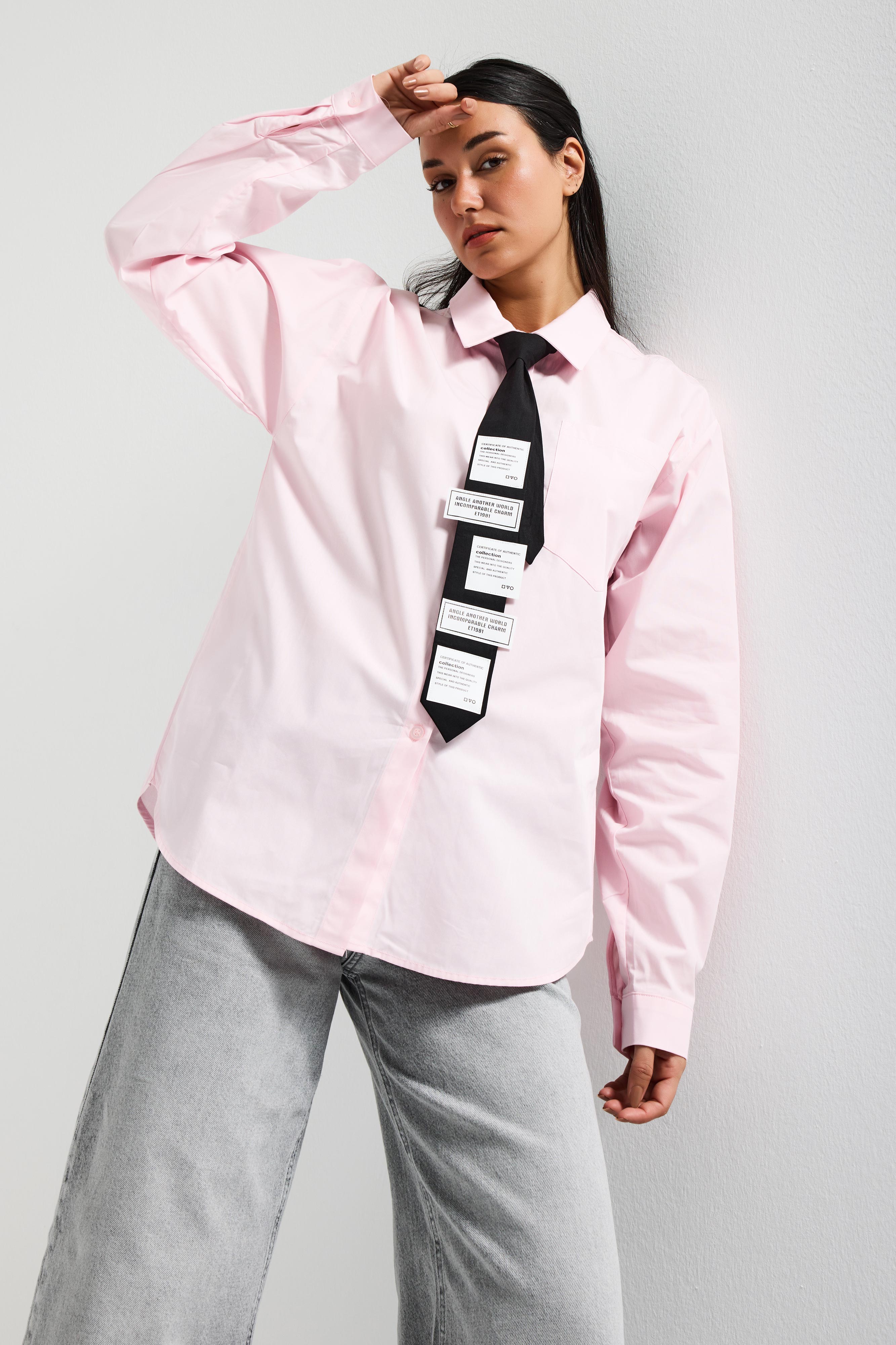 Kadın Pembe Renk Oversize Kravatlı Özel Tasarım Bol Kesim Gömlek