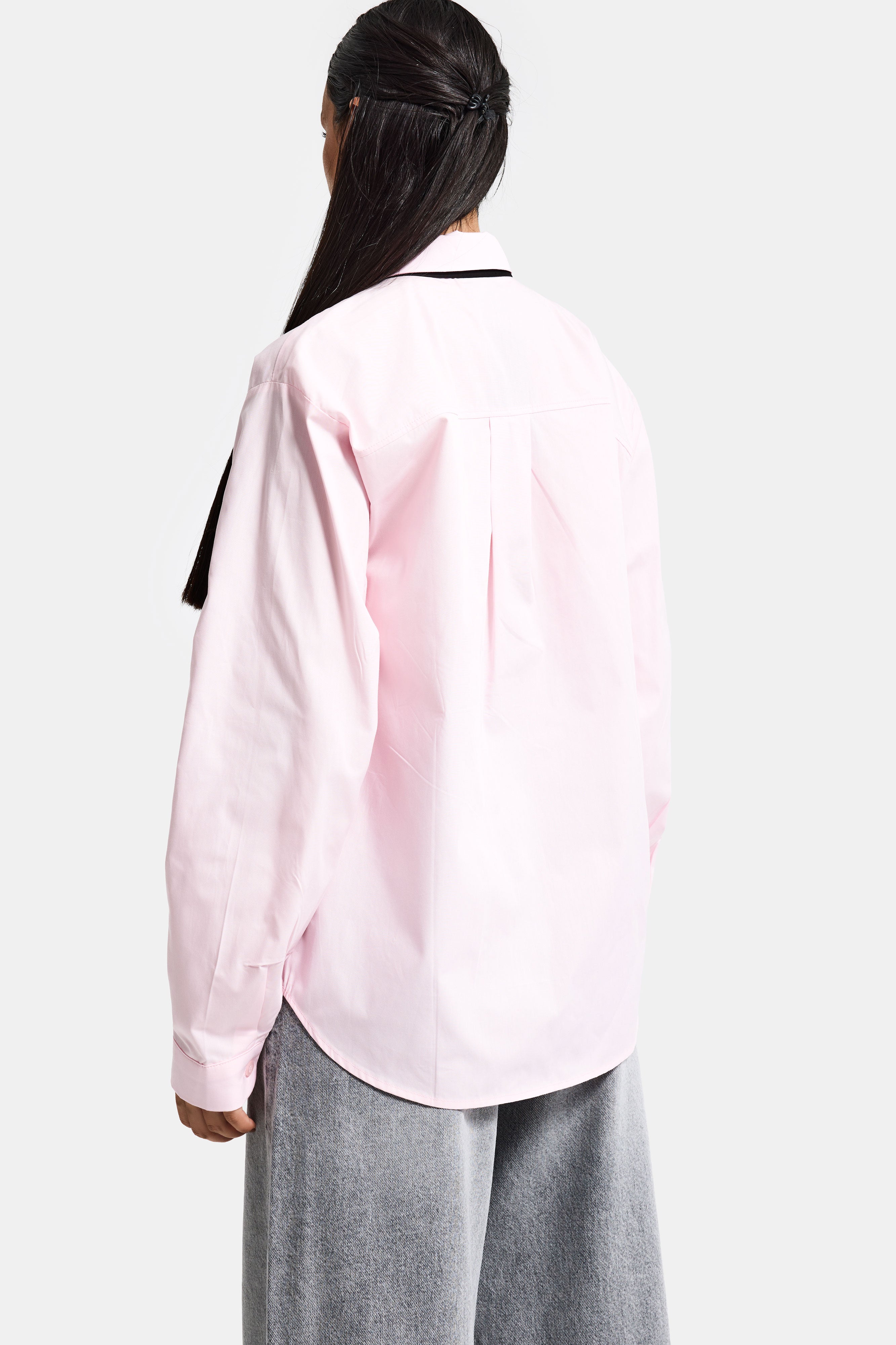 Kadın Pembe Renk Oversize Kravatlı Özel Tasarım Bol Kesim Gömlek