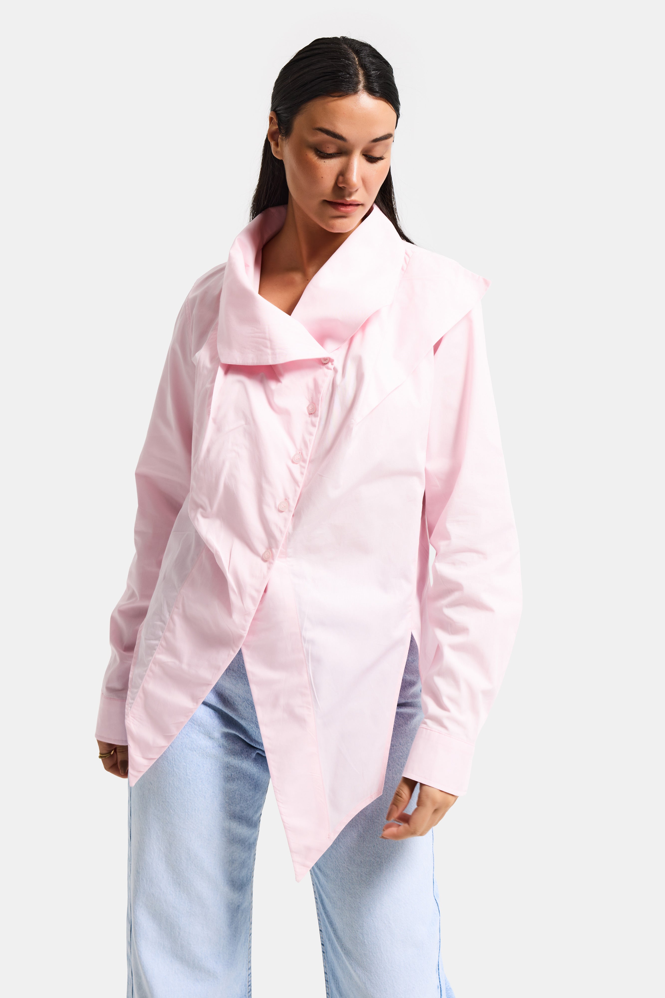 Kadın Pembe Renk Regular Fit Özel Yaka Detaylı Tasarım Gömlek