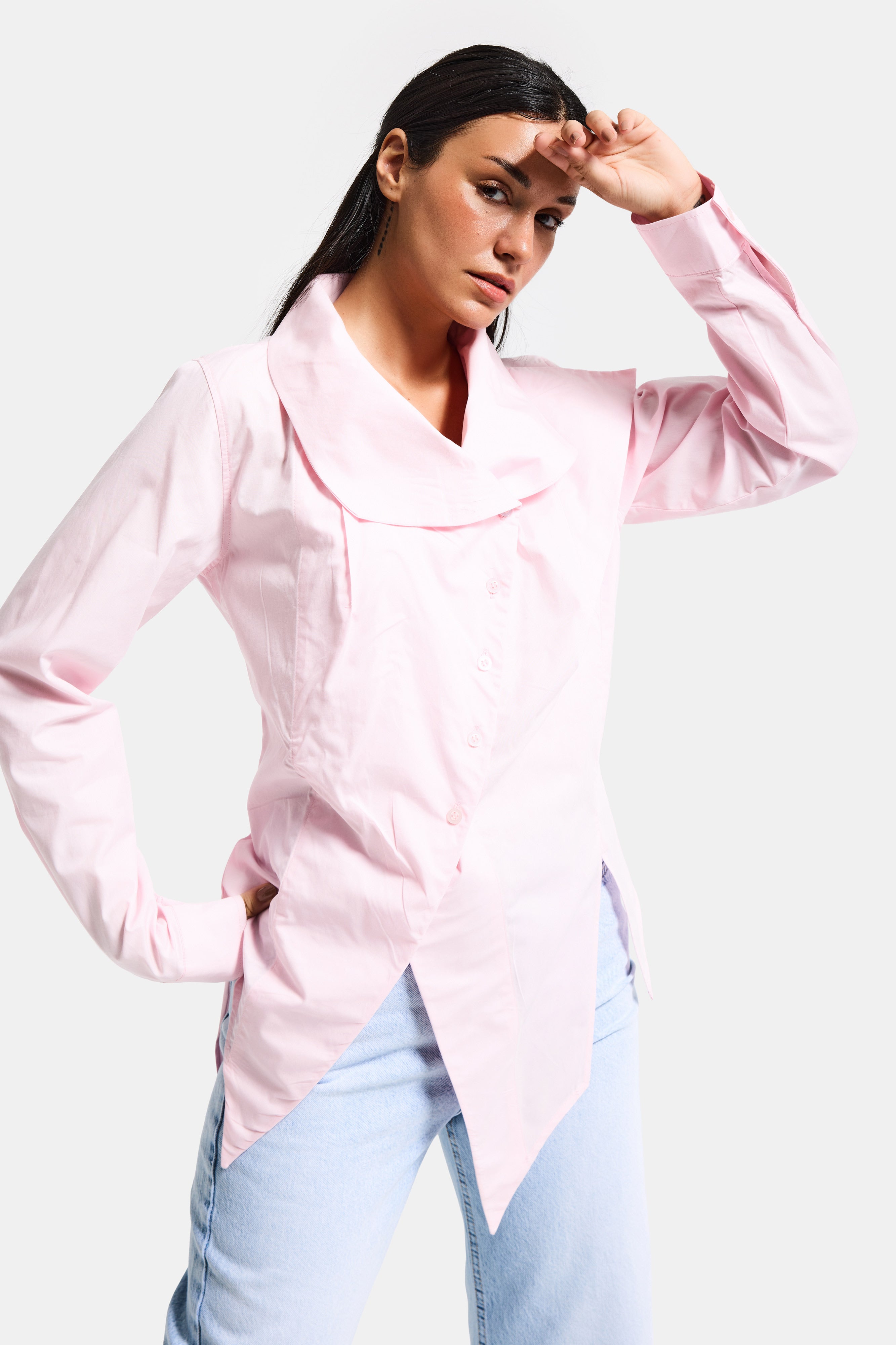 Kadın Pembe Renk Regular Fit Özel Yaka Detaylı Tasarım Gömlek