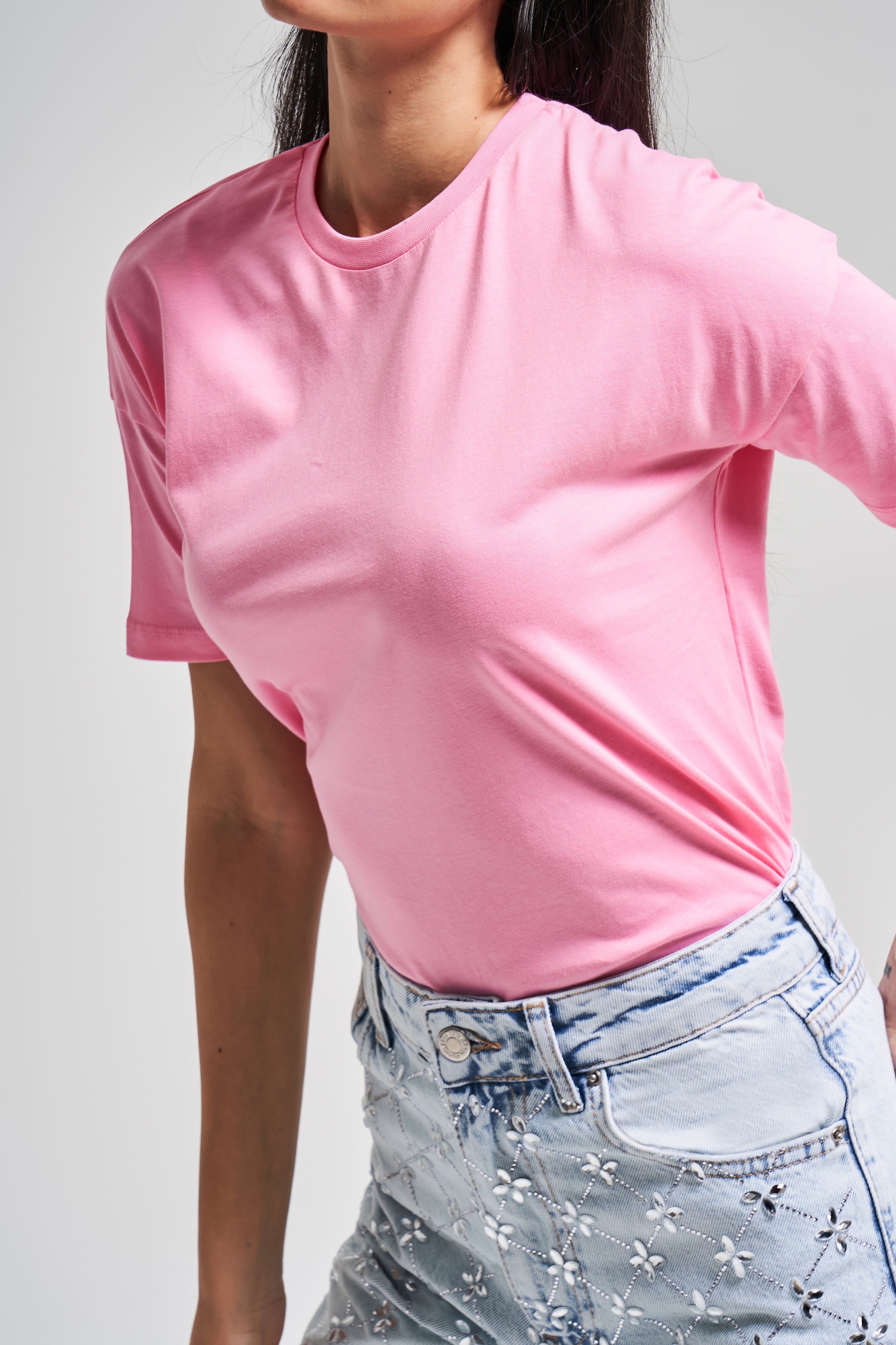 Kadın Pembe Renk S5-115 Bisiklet Yaka Basic T-Shirt