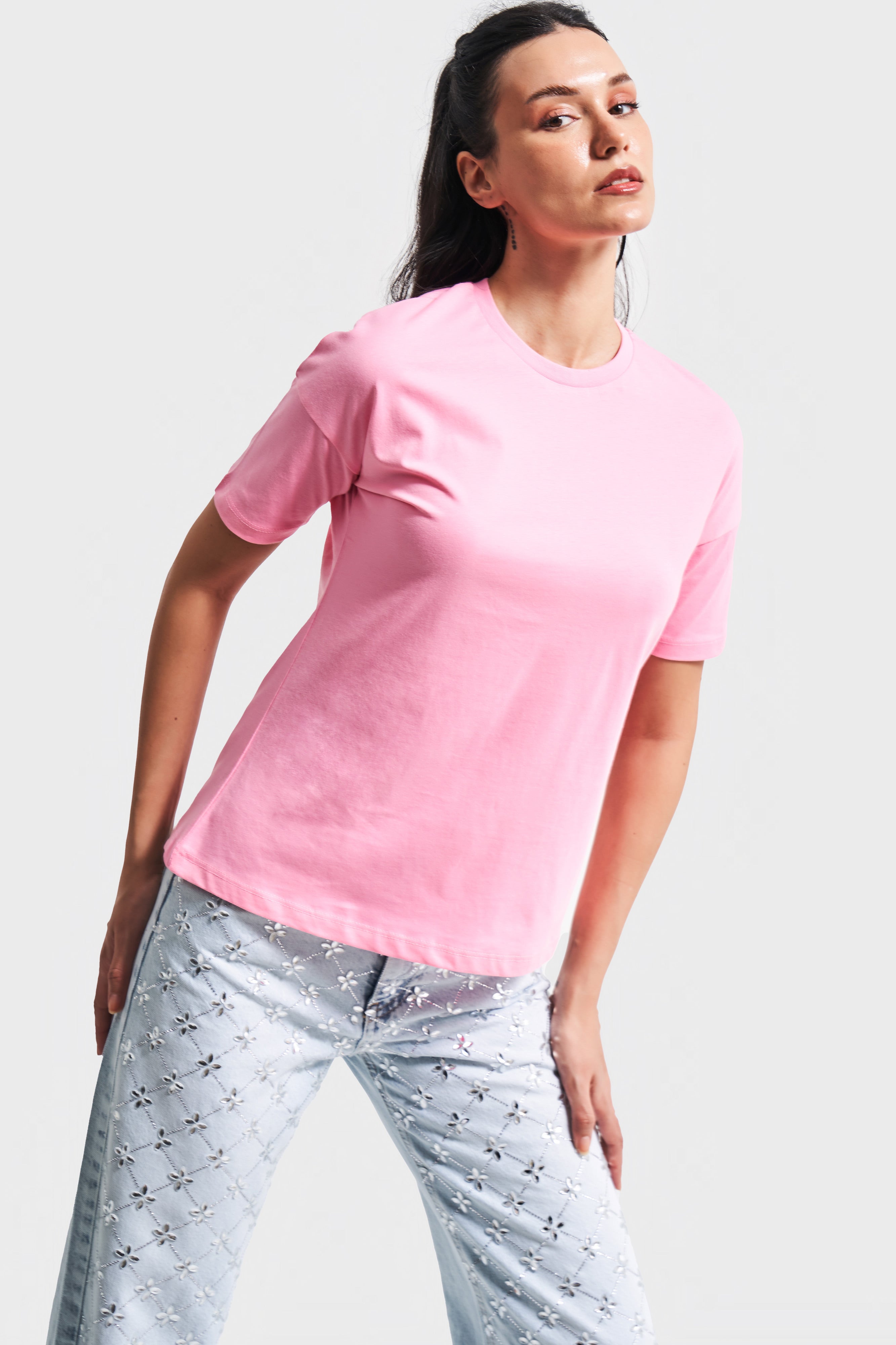 Kadın Pembe Renk S5-115 Bisiklet Yaka Basic T-Shirt