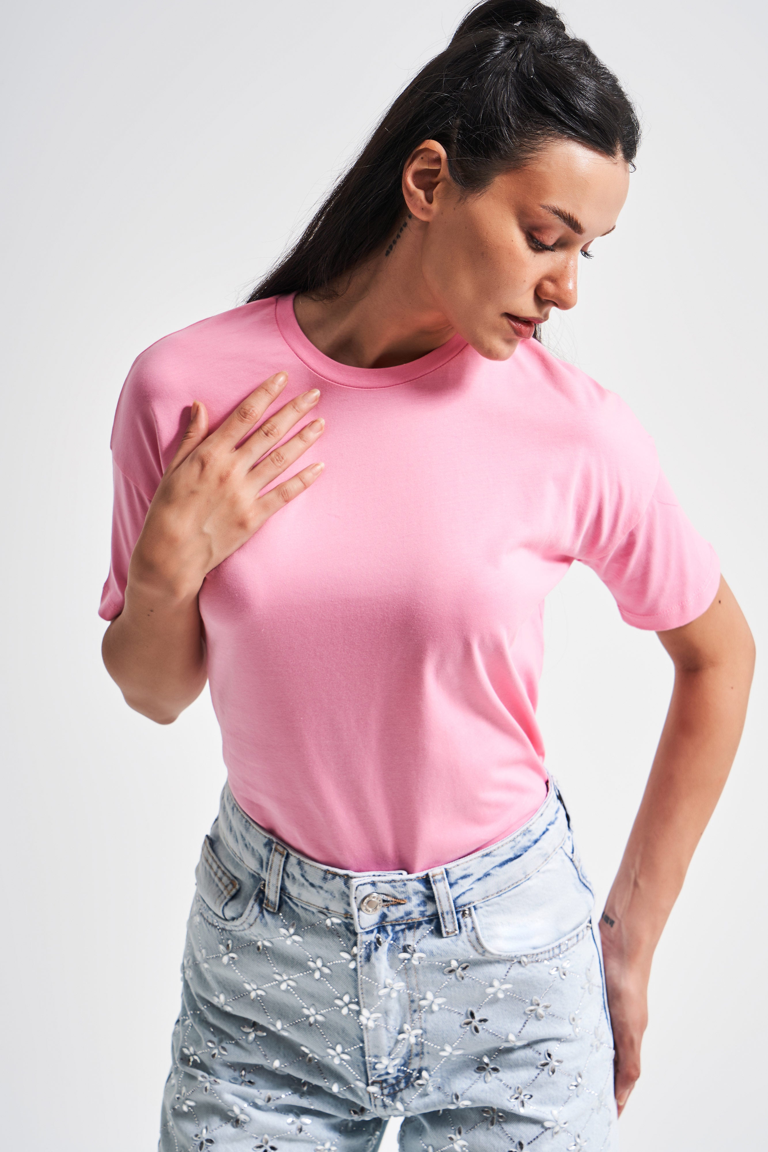 Kadın Pembe Renk S5-115 Bisiklet Yaka Basic T-Shirt