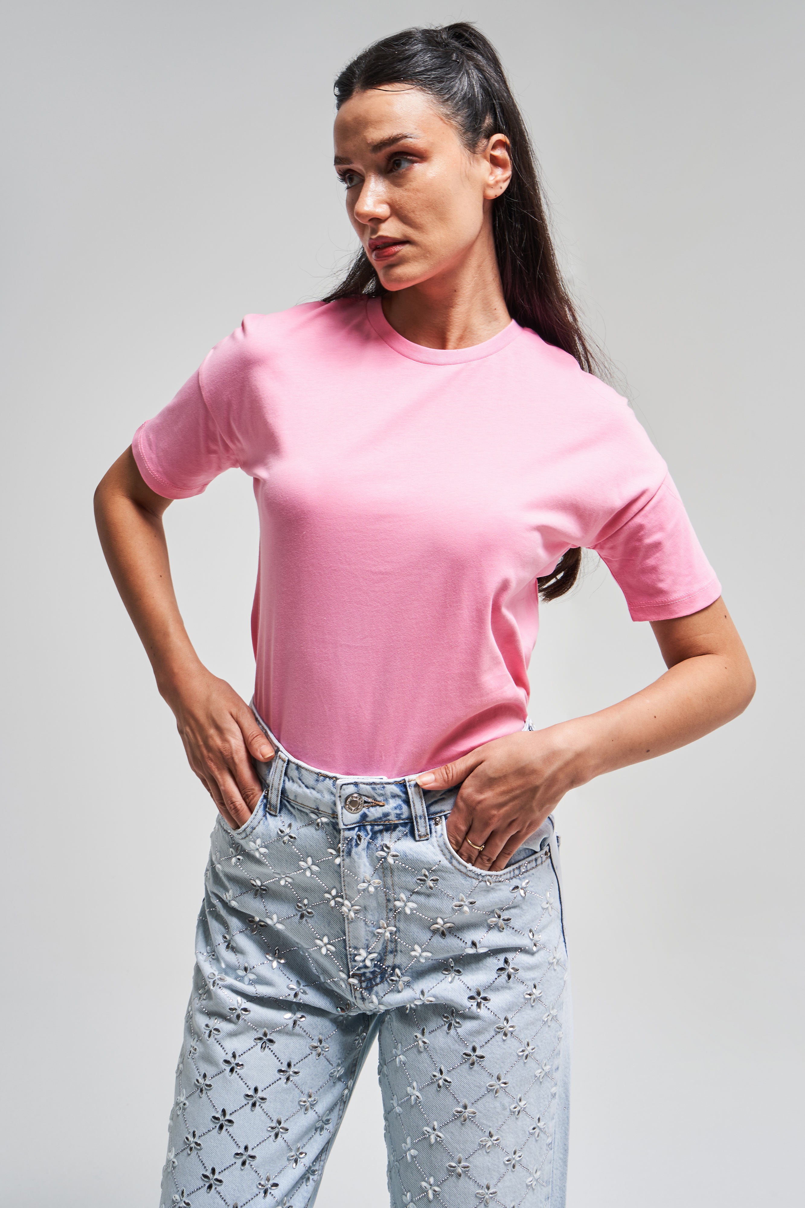 Kadın Pembe Renk S5-115 Bisiklet Yaka Basic T-Shirt
