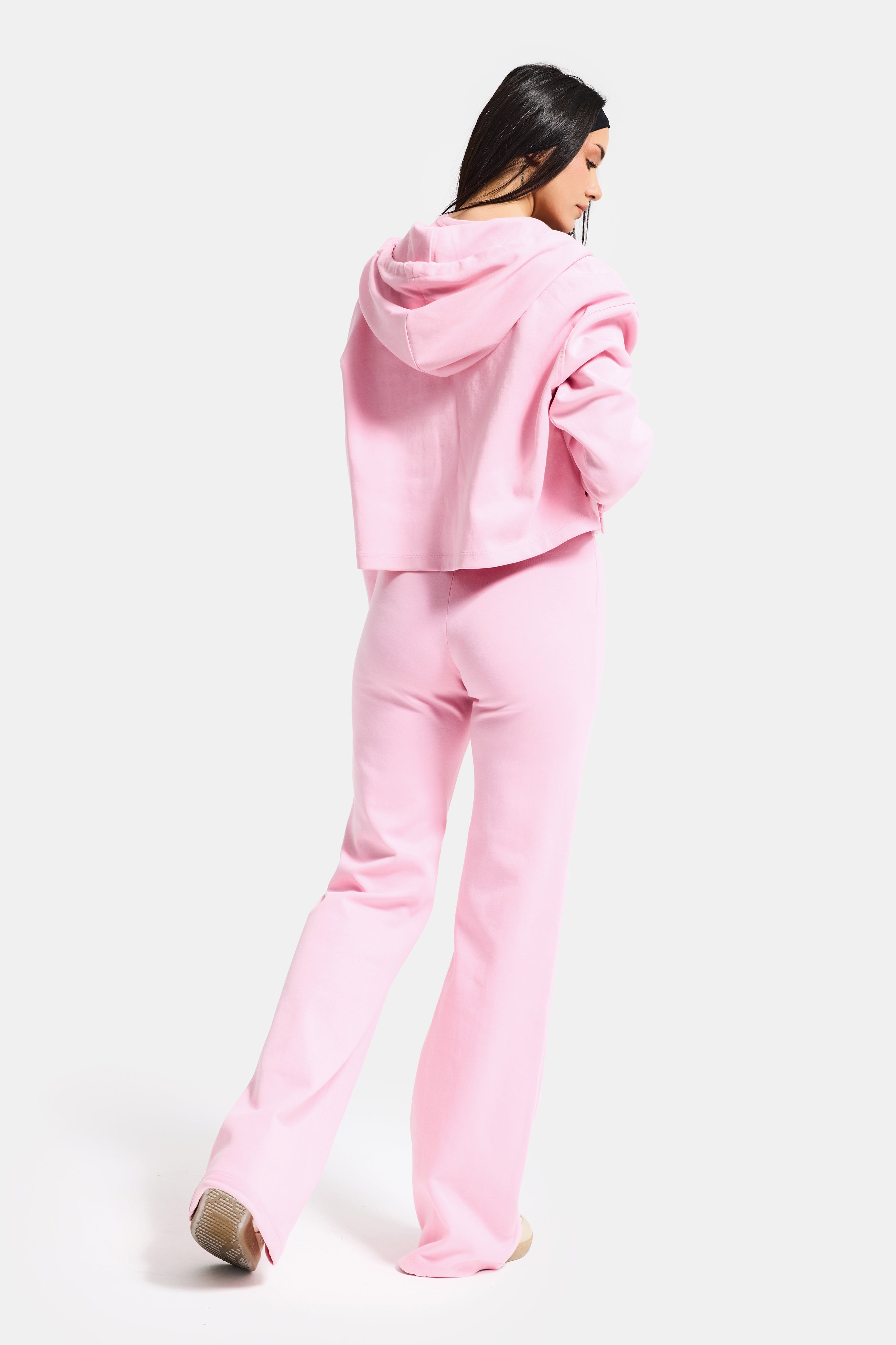 Kadın Pembe s6-98 Örme Kumaş Flare Eşofman Büstiyer ve Fermuarlı Sweatshirt 3'lü Kombin Takım