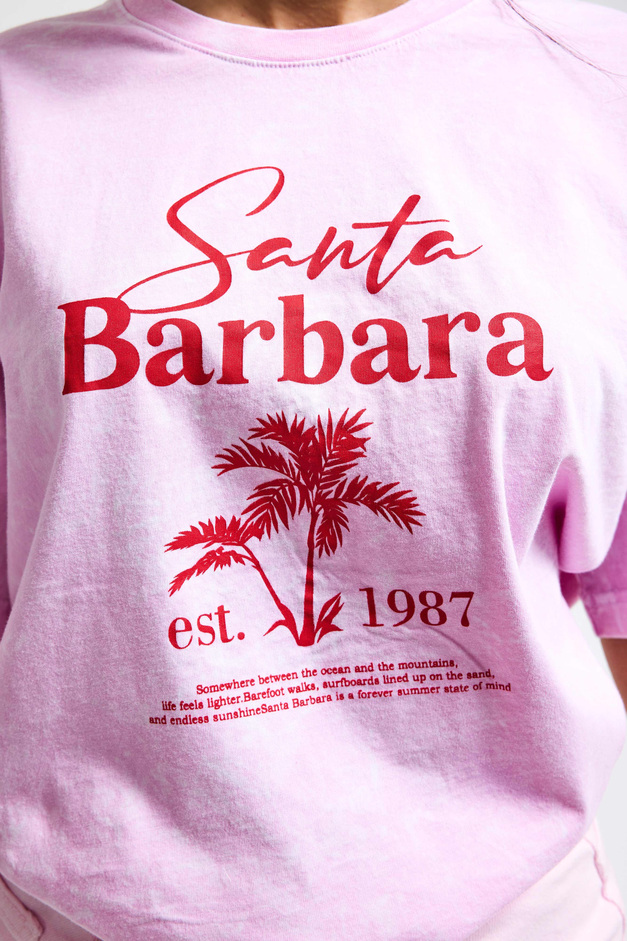 Kadın Pembe s6-98 Oversize Santa Barbara Baskılı %100 Koton T-Shirt