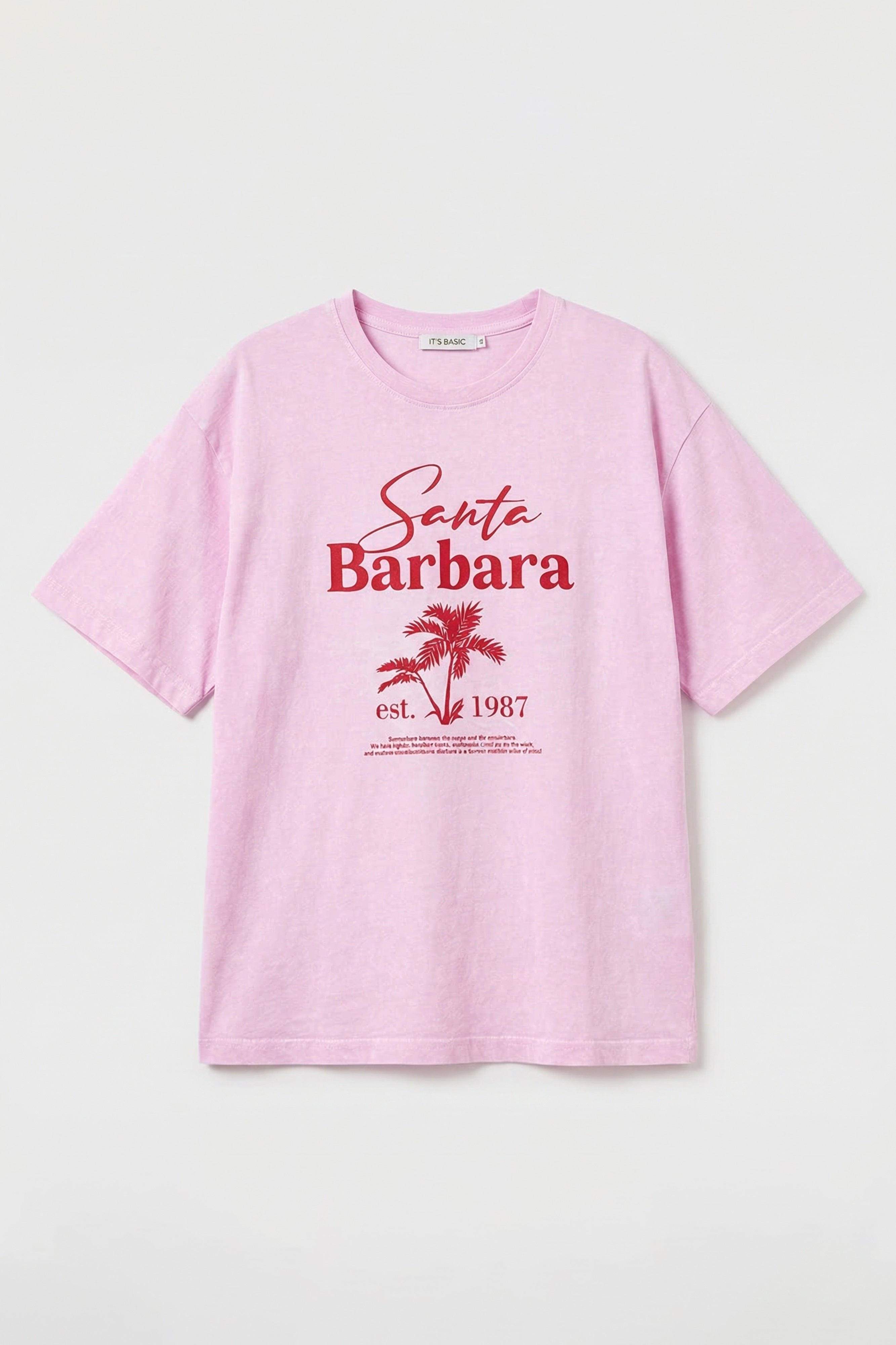Kadın Pembe s6-98 Oversize Santa Barbara Baskılı %100 Koton T-Shirt