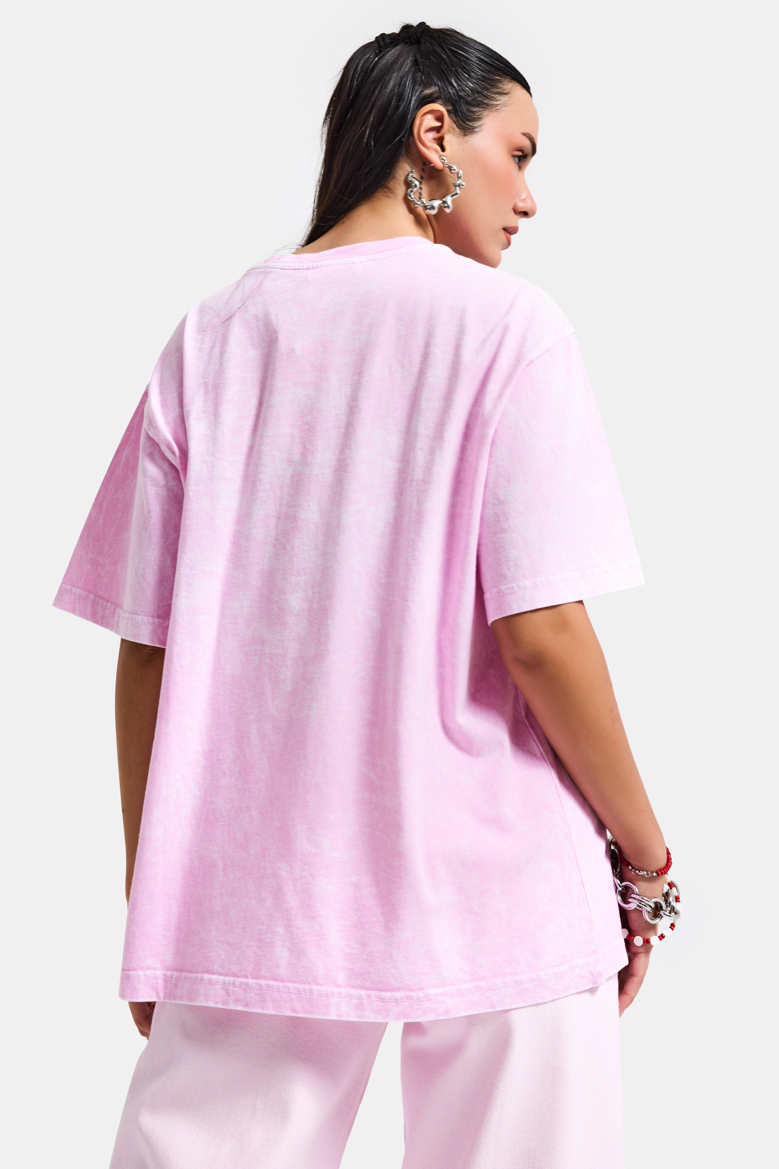 Kadın Pembe s6-98 Oversize Santa Barbara Baskılı %100 Koton T-Shirt