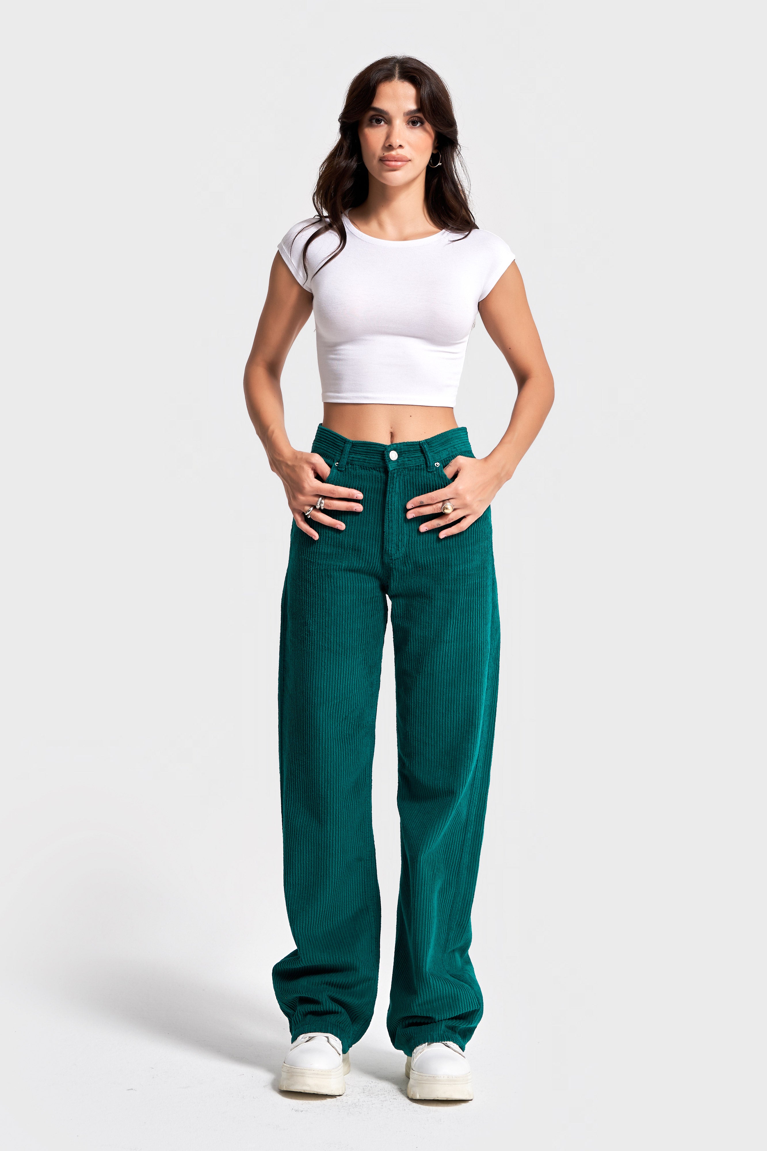 Kadın Petrol Yeşili Doris 29w5-118 Straight Fit Yüksek Bel Kalın Fitilli Velvet Kadife Kumaş Pantolon