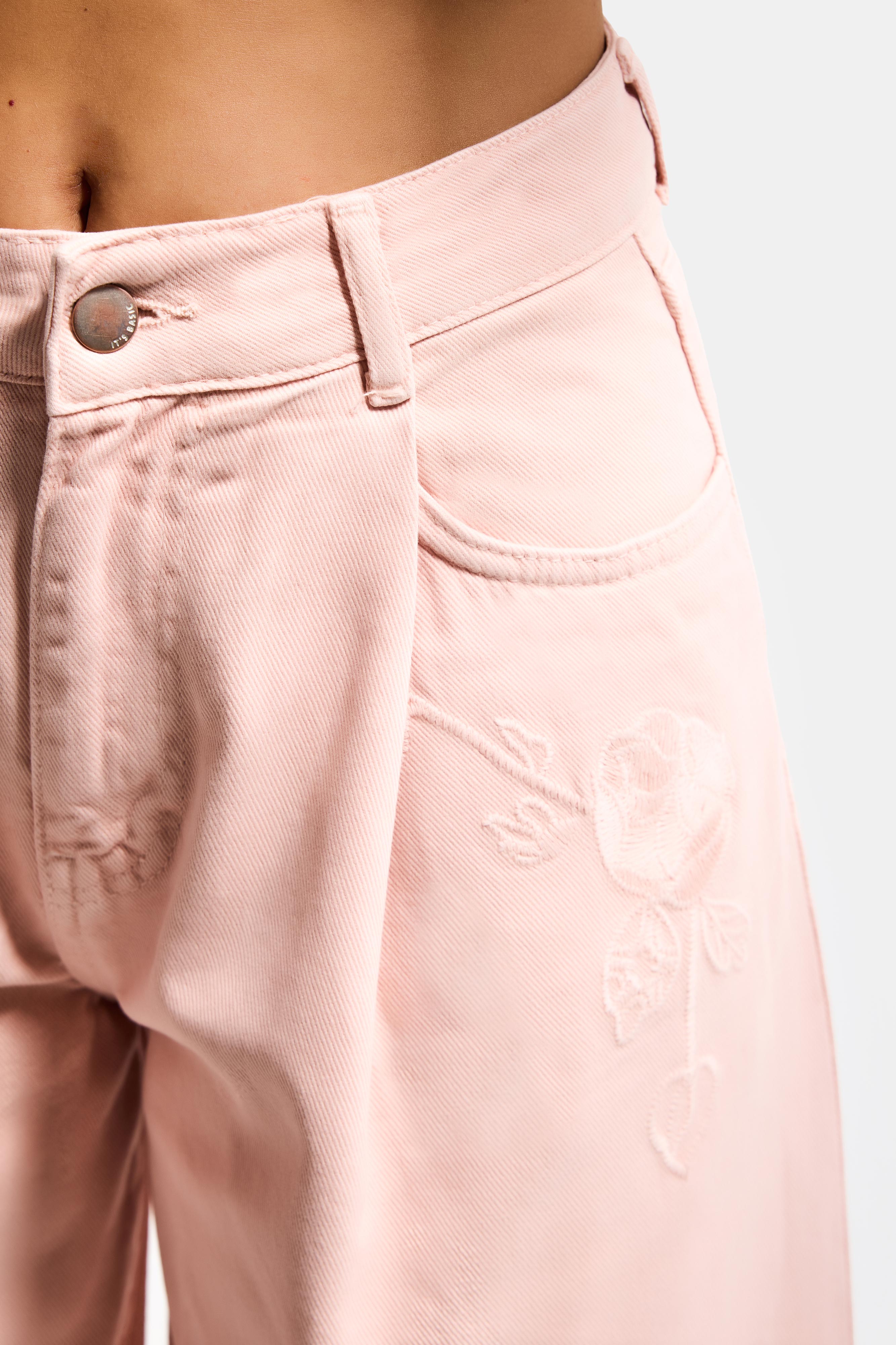 Kadın Pudra 6s6-20 Wide Leg Pleat Fit Nakış Desenli Özel Tasarım Denim Jean