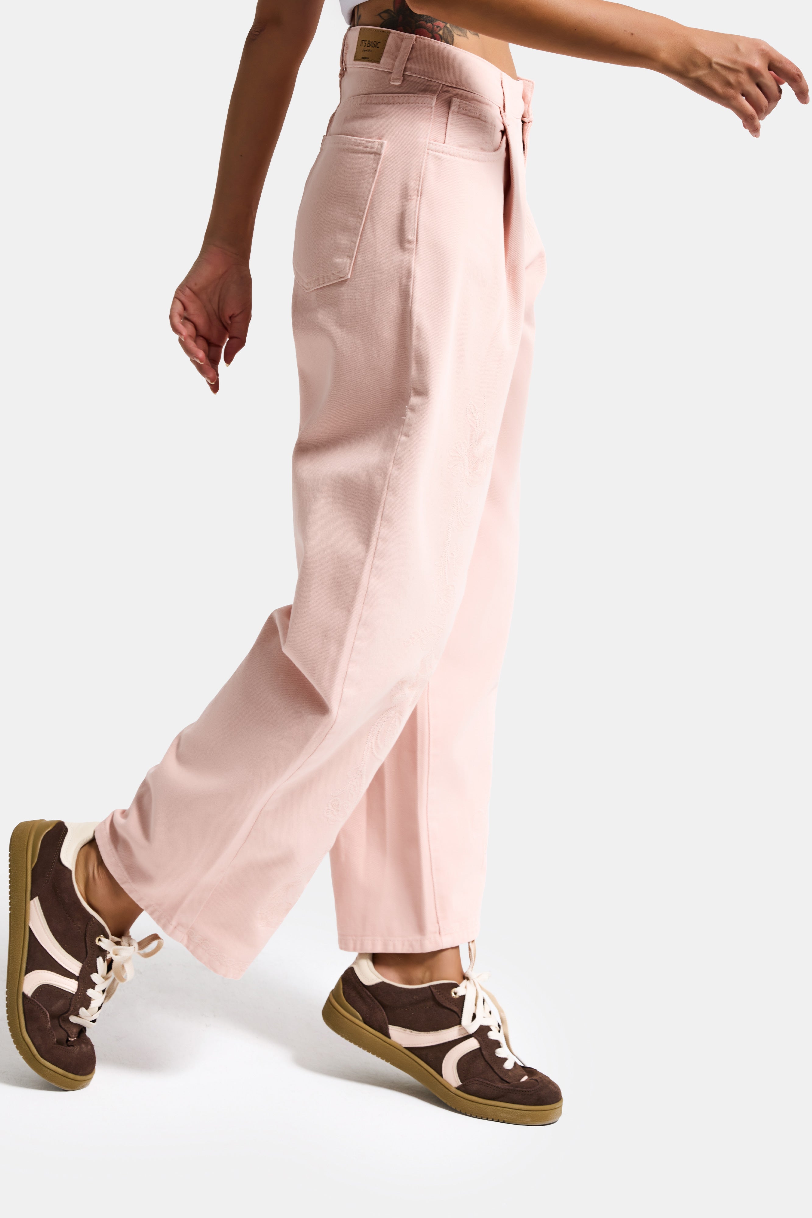 Kadın Pudra 6s6-20 Wide Leg Pleat Fit Nakış Desenli Özel Tasarım Denim Jean