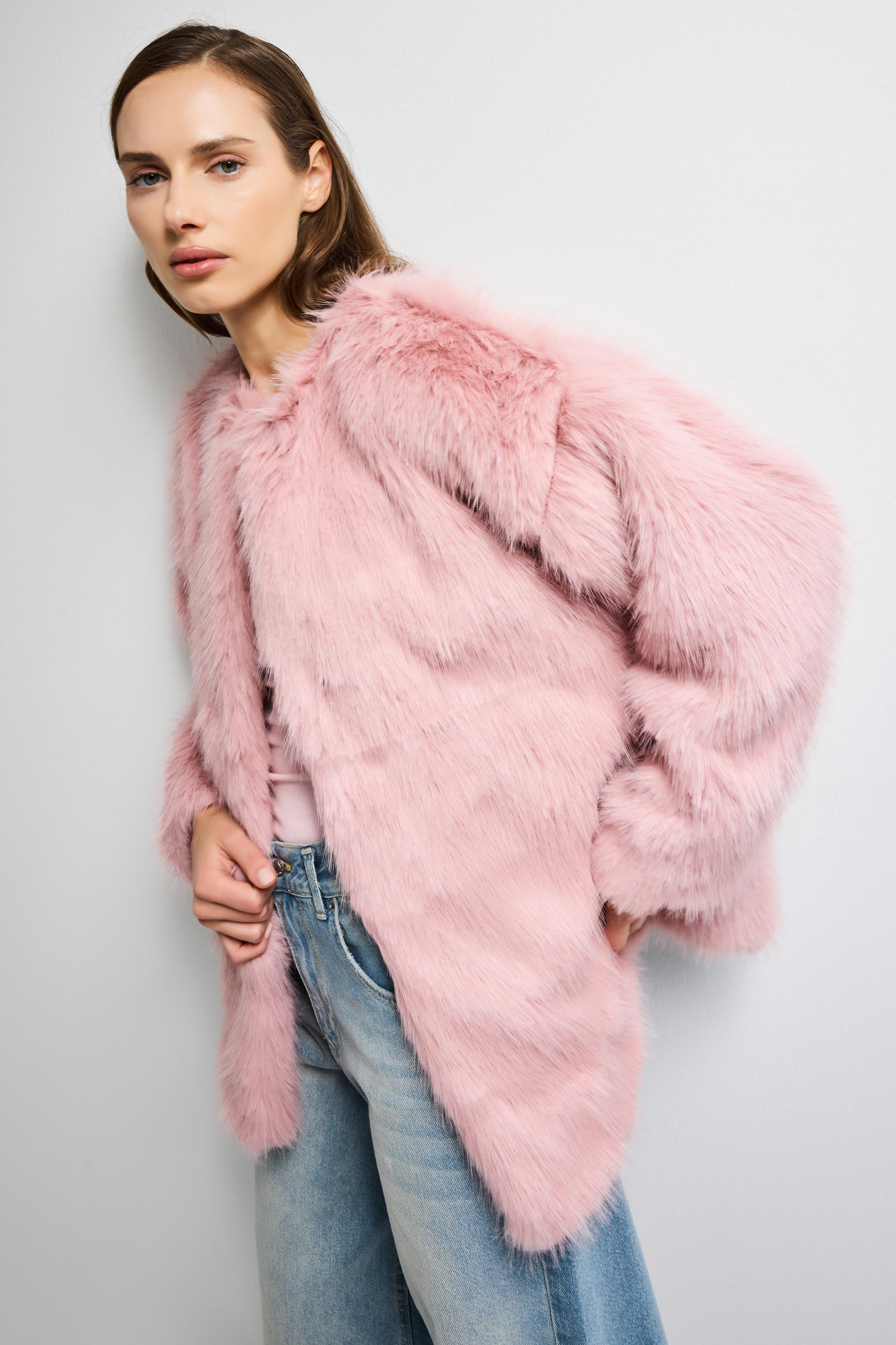 Kadın Pudra Kemer Boy İçi Astarlı Peluşlu Kürk Mont